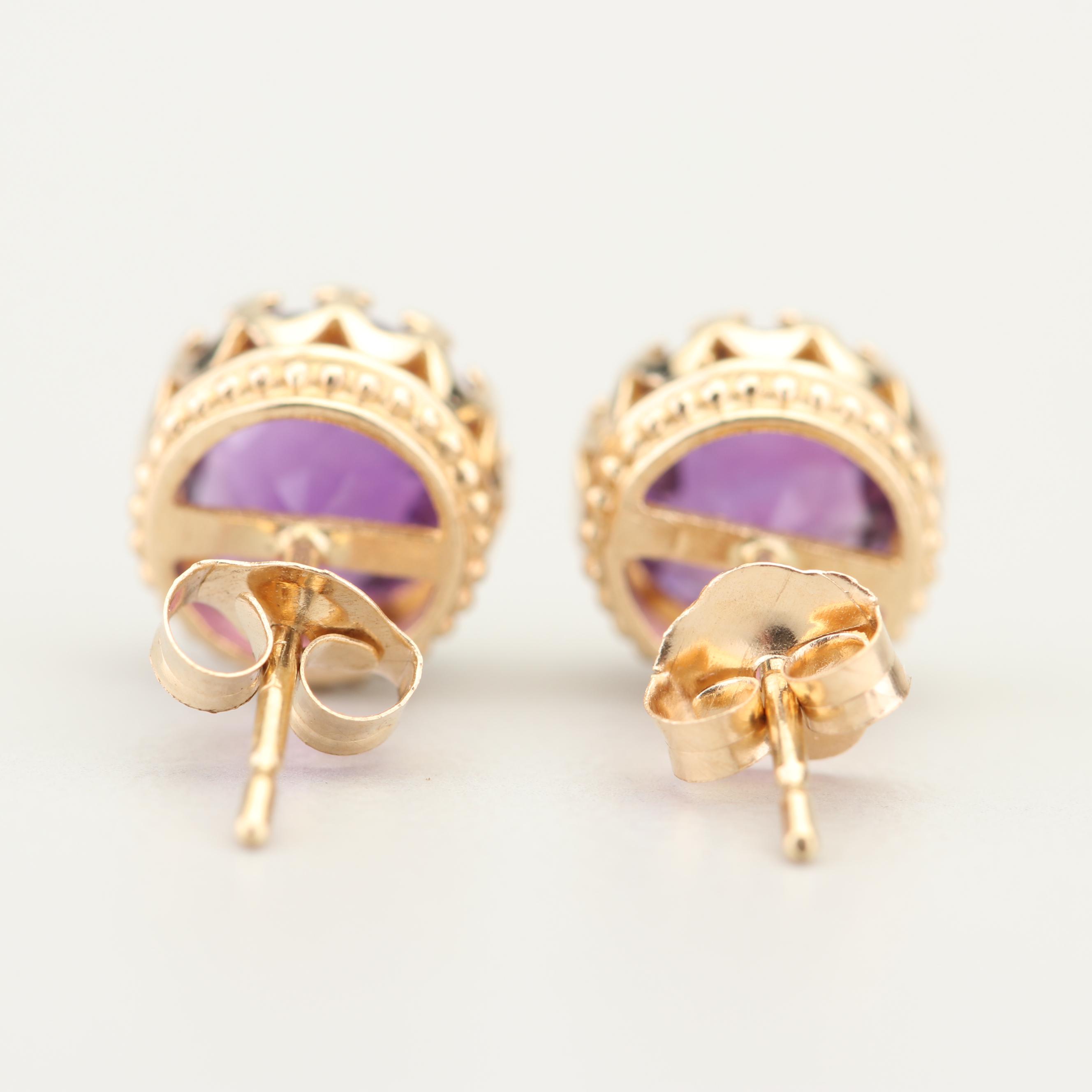 10K Yellow Gold Amethyst Stud Earrings with 14K Yellow Gold Backs