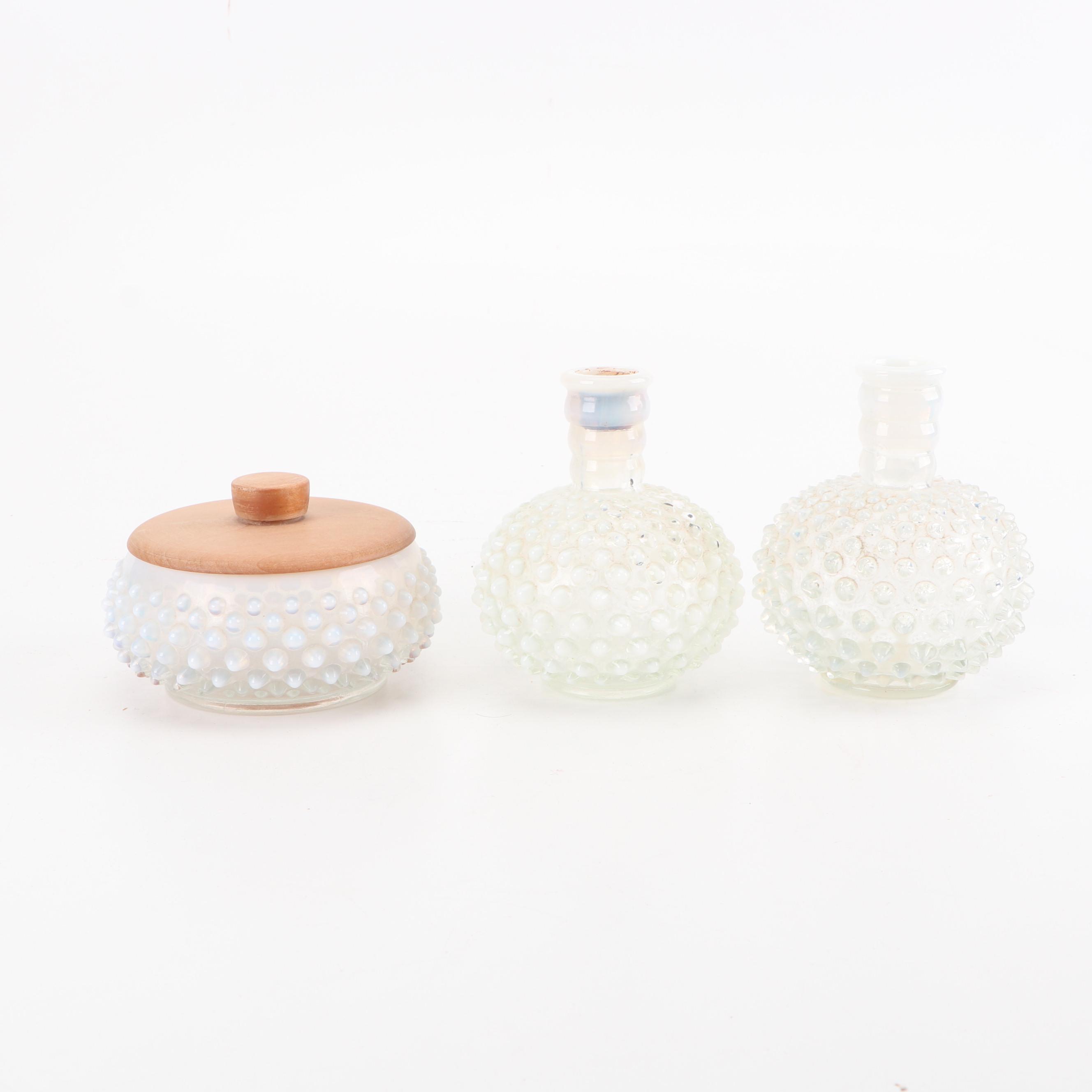 Fenton "French White" Opalescent Hobnail Cologne Bottles and Powder Jar