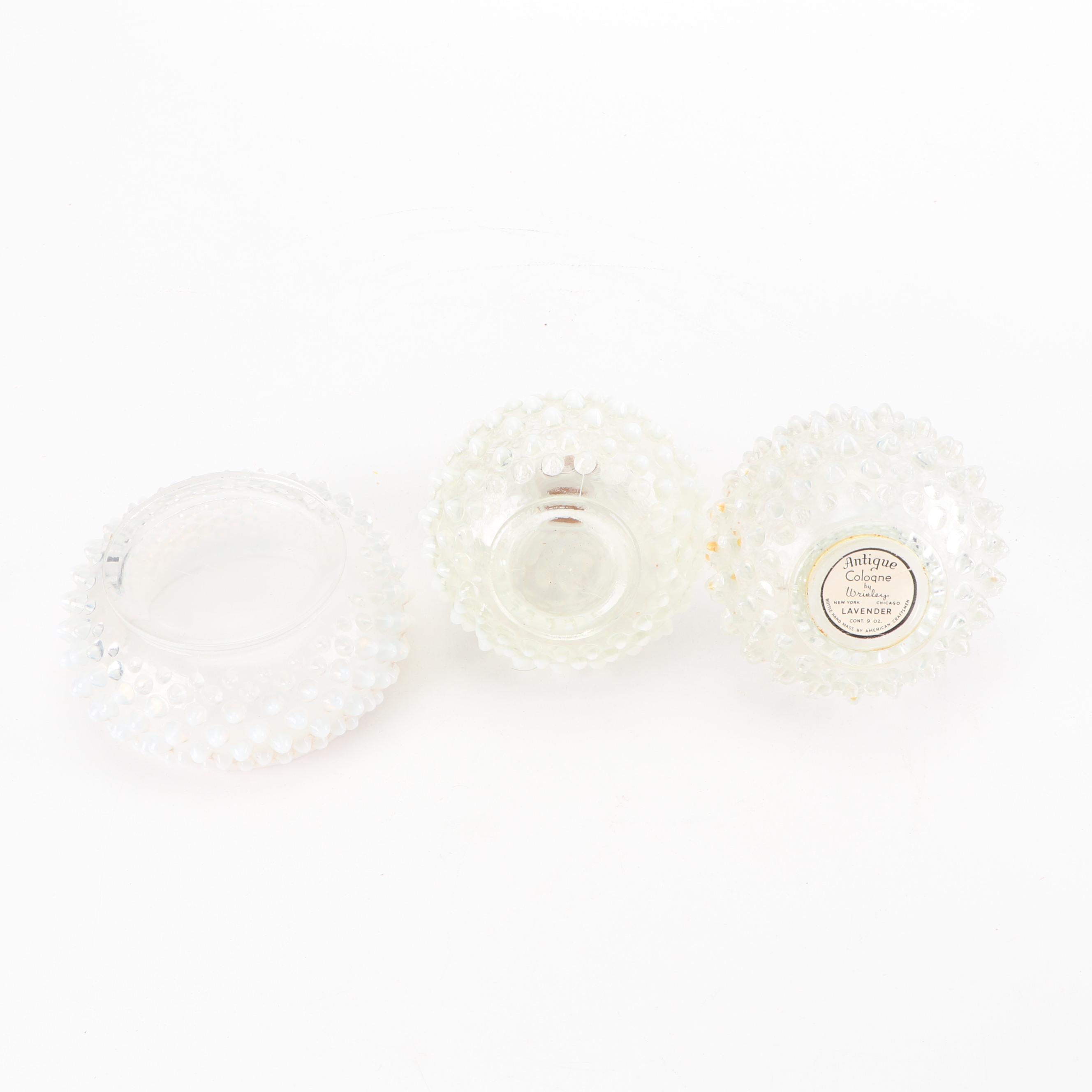 Fenton "French White" Opalescent Hobnail Cologne Bottles and Powder Jar