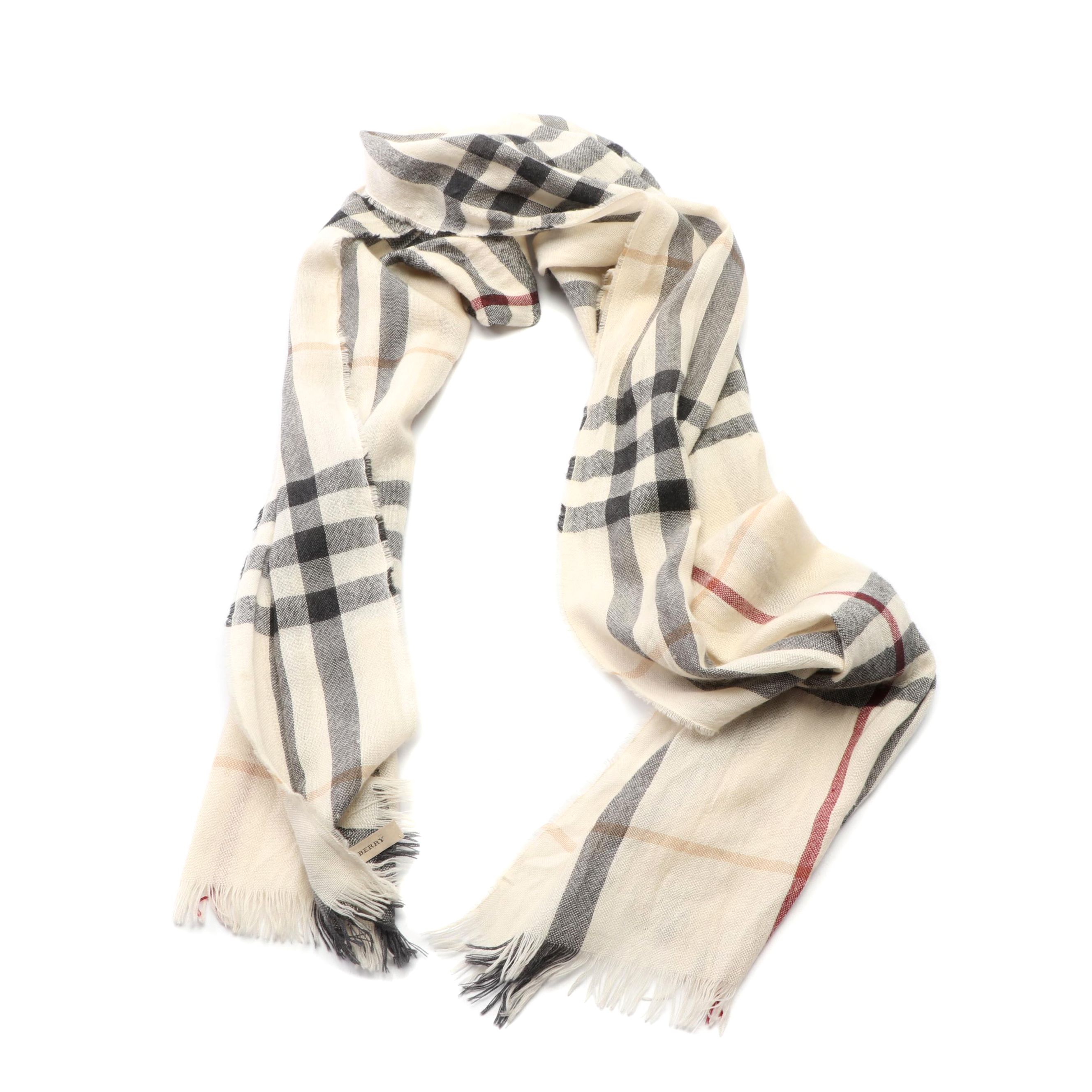 Burberry Giant Check Wool/Silk Blend Gauze Scarf with Fringed Ends