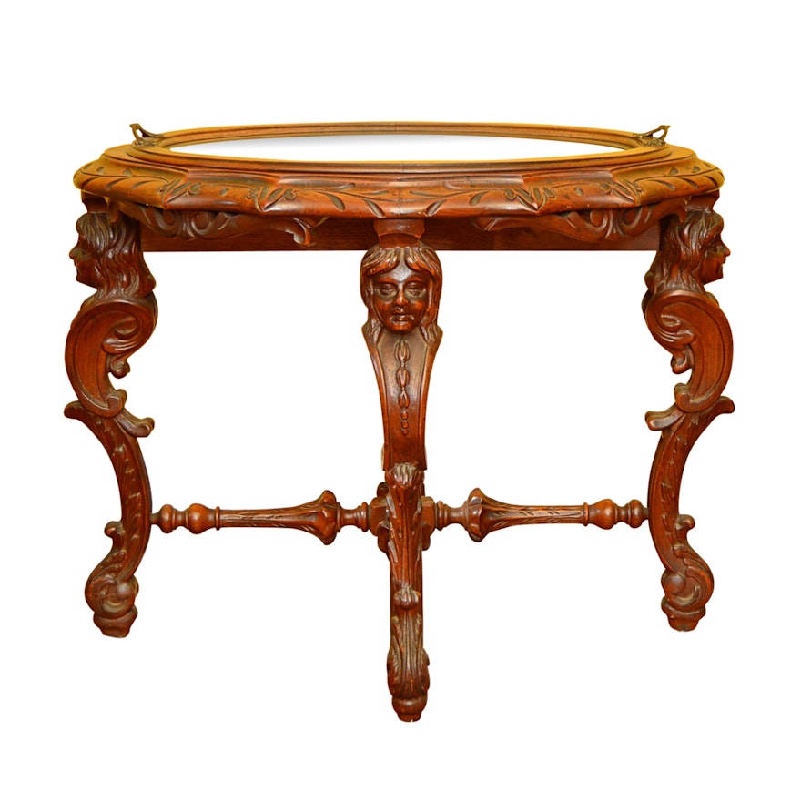 Vintage Neoclassic Style Accent Table with Caryatid Legs and Carved Top