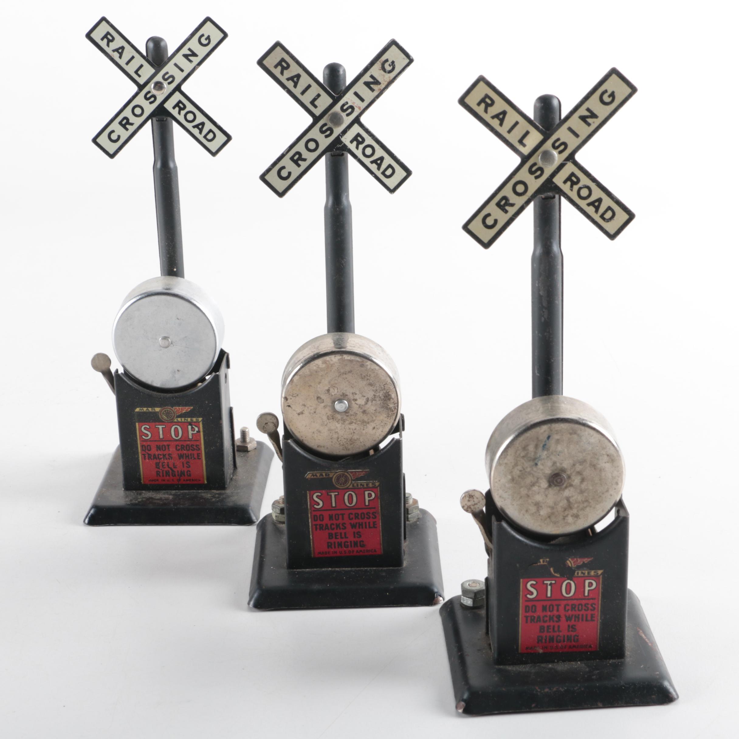 Three Vintage Marx Co. Toy Railroad Crossing Signs and Control Tower