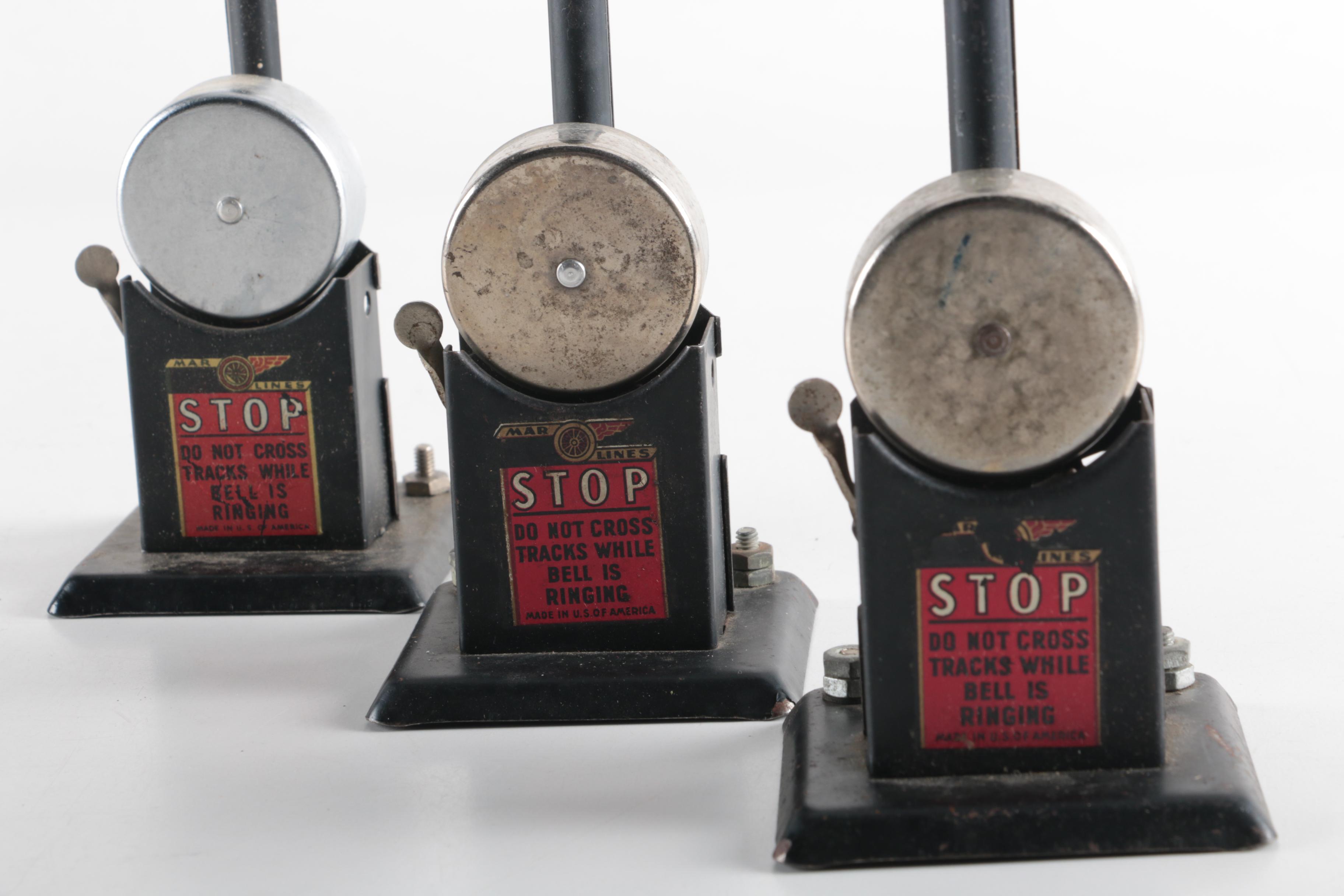 Three Vintage Marx Co. Toy Railroad Crossing Signs and Control Tower