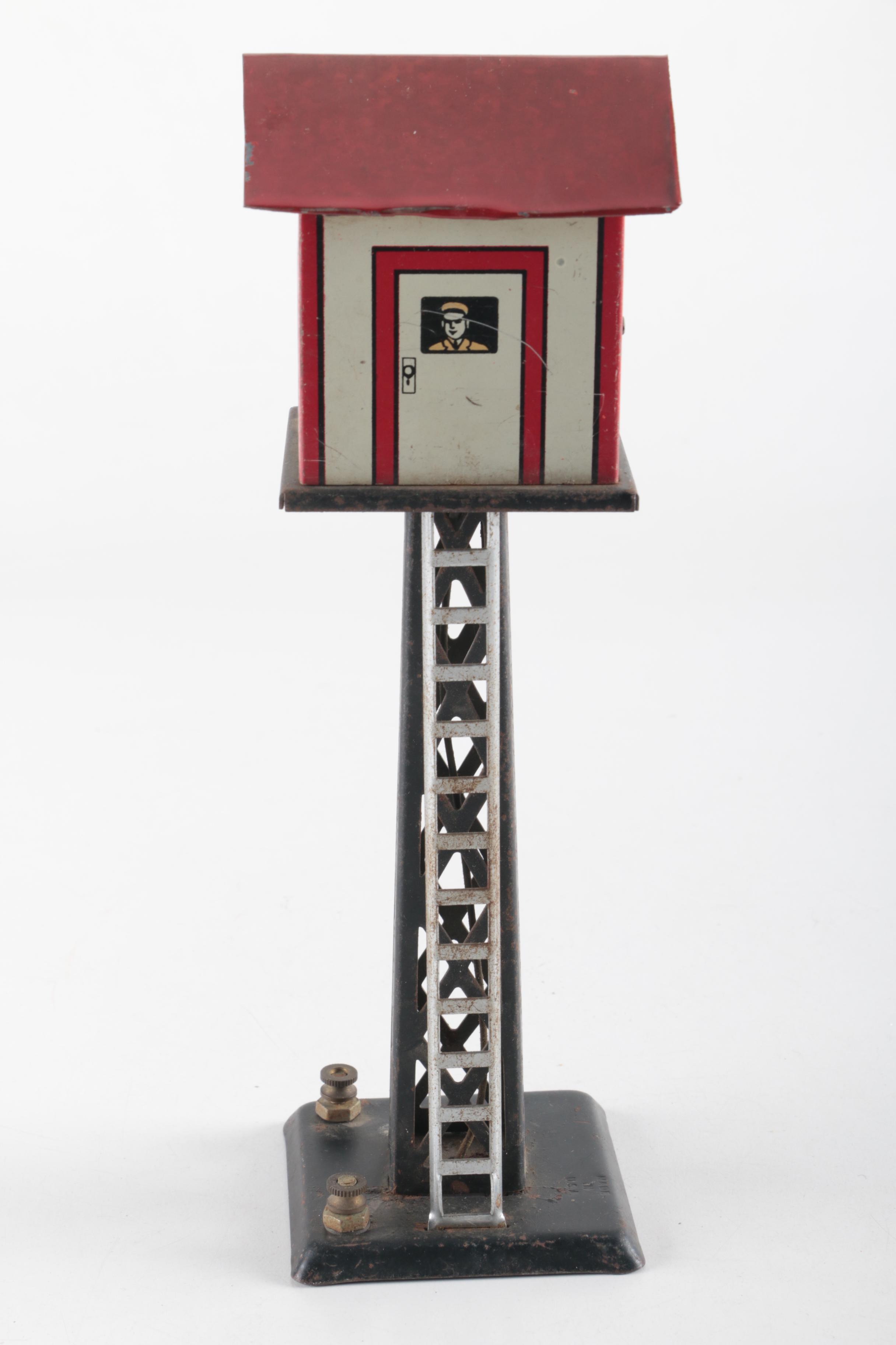 Three Vintage Marx Co. Toy Railroad Crossing Signs and Control Tower