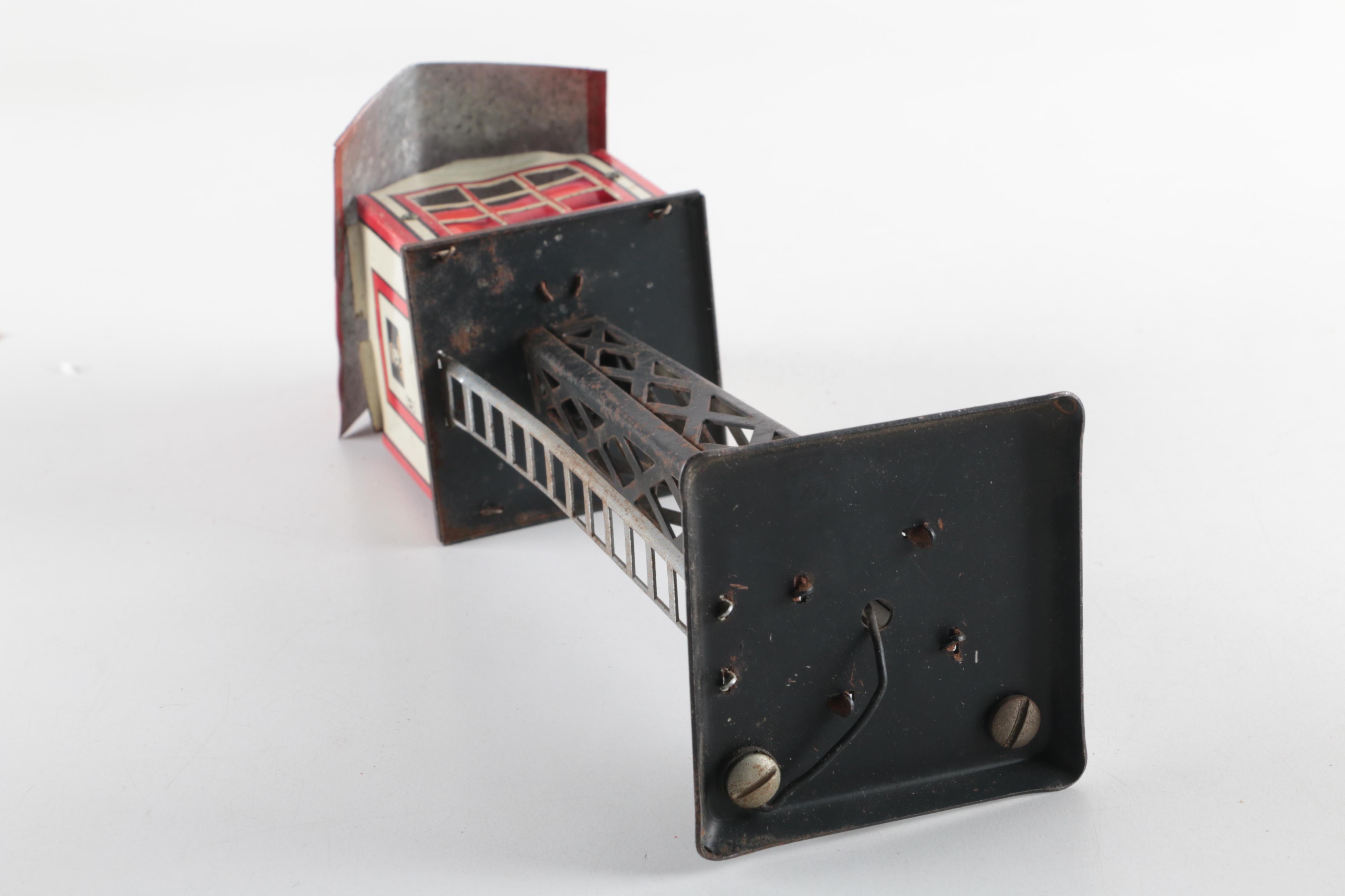 Three Vintage Marx Co. Toy Railroad Crossing Signs and Control Tower