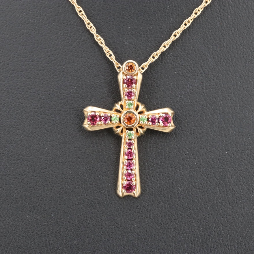 14K Gold Rhodolite, Spessartine and Tsavorite Garnet Cross Pendant Necklace