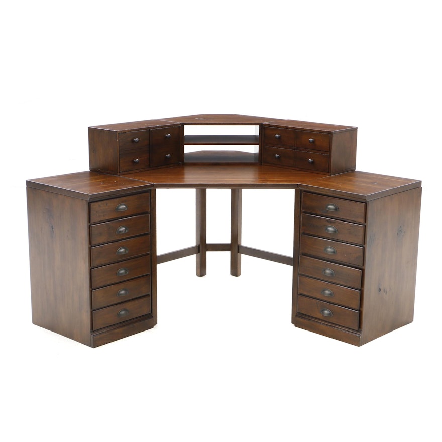 Pine Corner Desk with Riser Shelf and File Cabinets by Pottery Barn