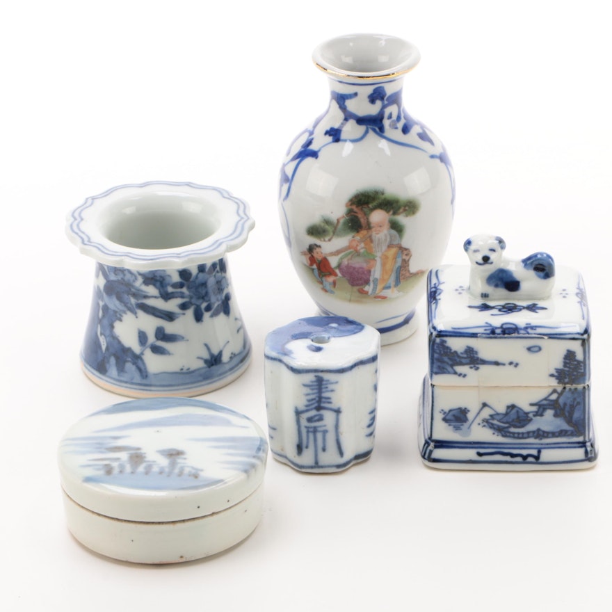 Chinese Blue Porcelain Miniature Vase, Box, and More