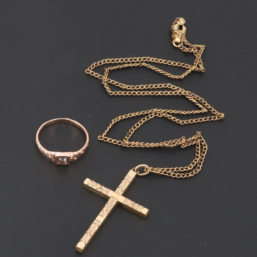 10K Yellow Gold Glass Ring and Gold Tone Cross Necklace