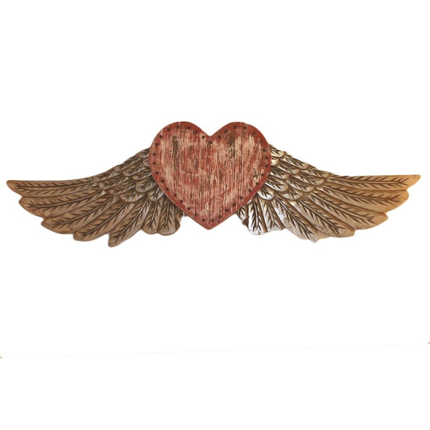 Folk Art Style Painted Wood Winged Heart Wall Decor