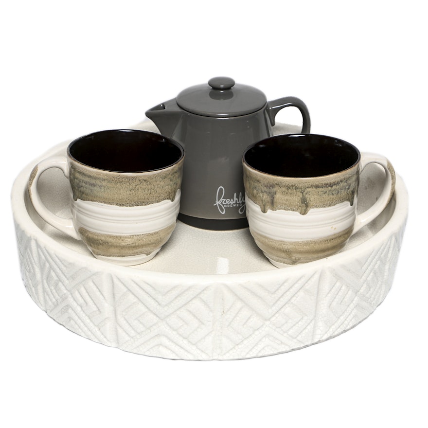 Ceramic Mugs, Coffee Pot, and Tray