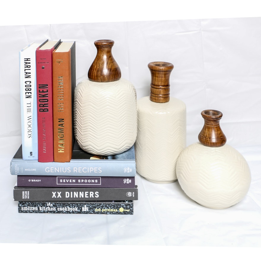 Decorative Ceramic and Wood Vases with Books