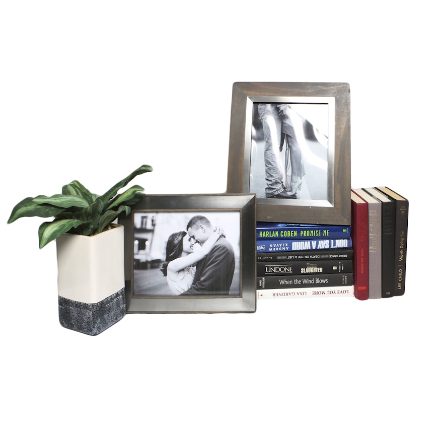 Tabletop Picture Frames, Faux Plant with Ceramic Planter, and Books