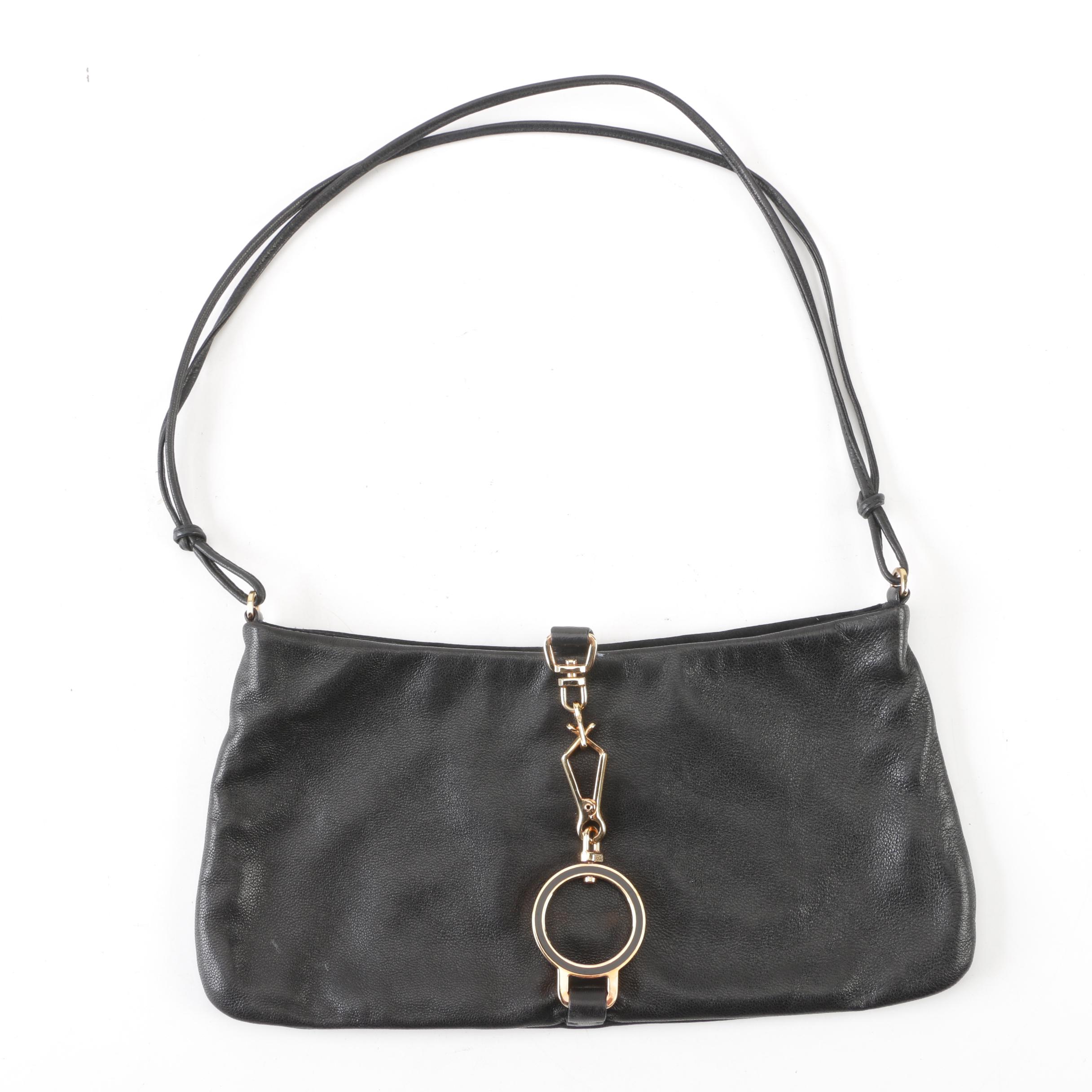 Prada Black Grained Leather Handbag with Brass and Enamel Clasp, Made in Italy