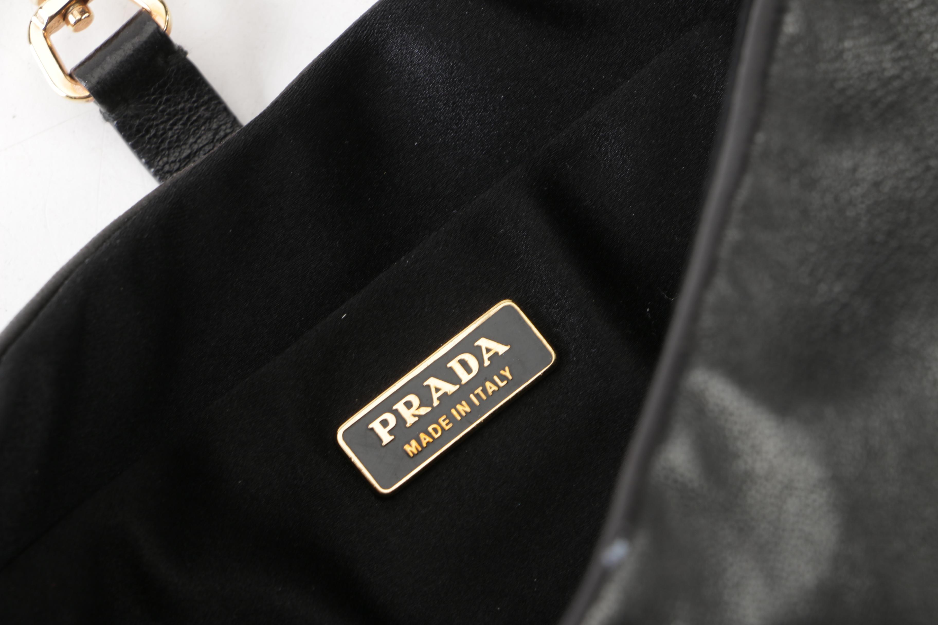 Prada Black Grained Leather Handbag with Brass and Enamel Clasp, Made in Italy