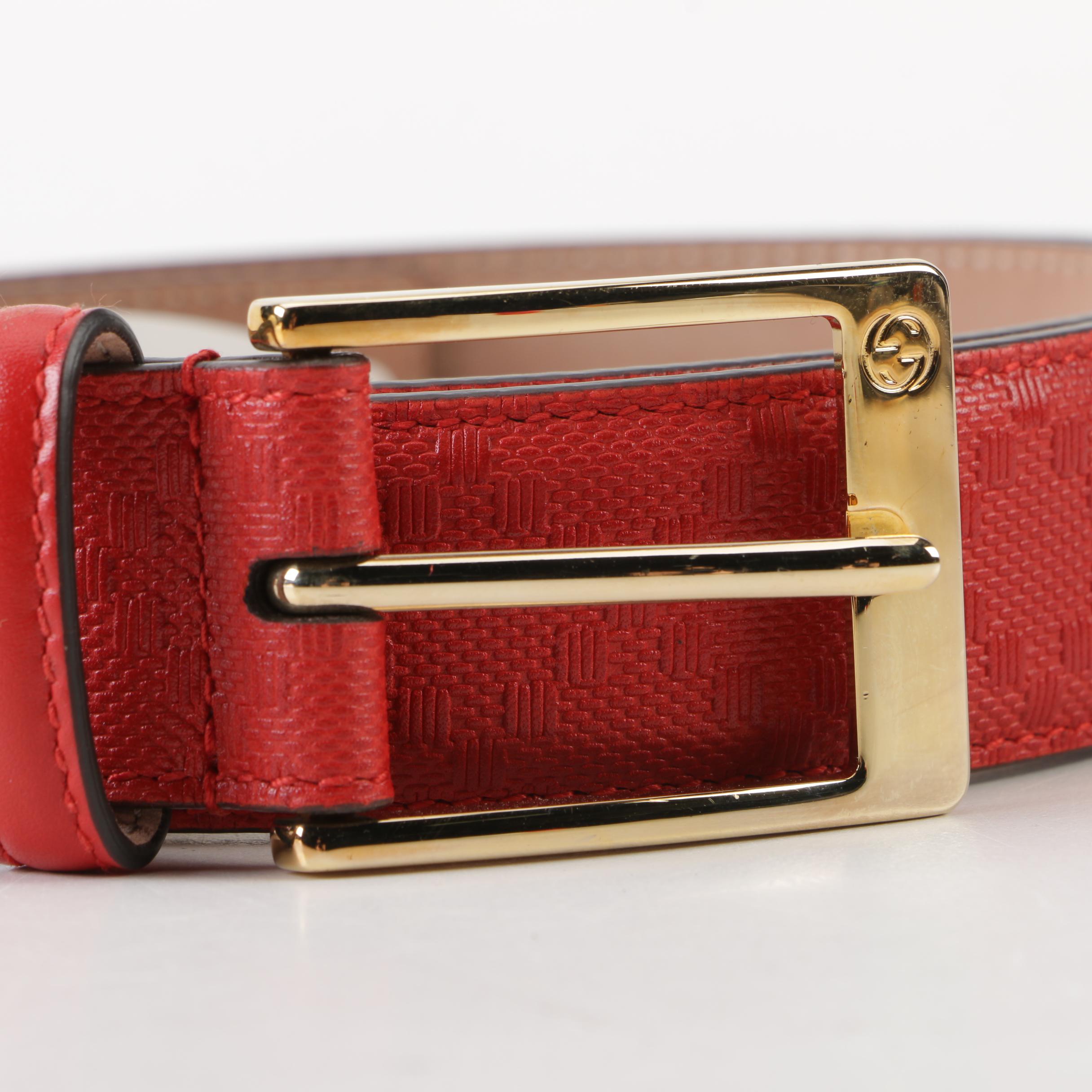 Gucci Hilary Lux Diamante Motif Red Leather Belt, Made in Italy
