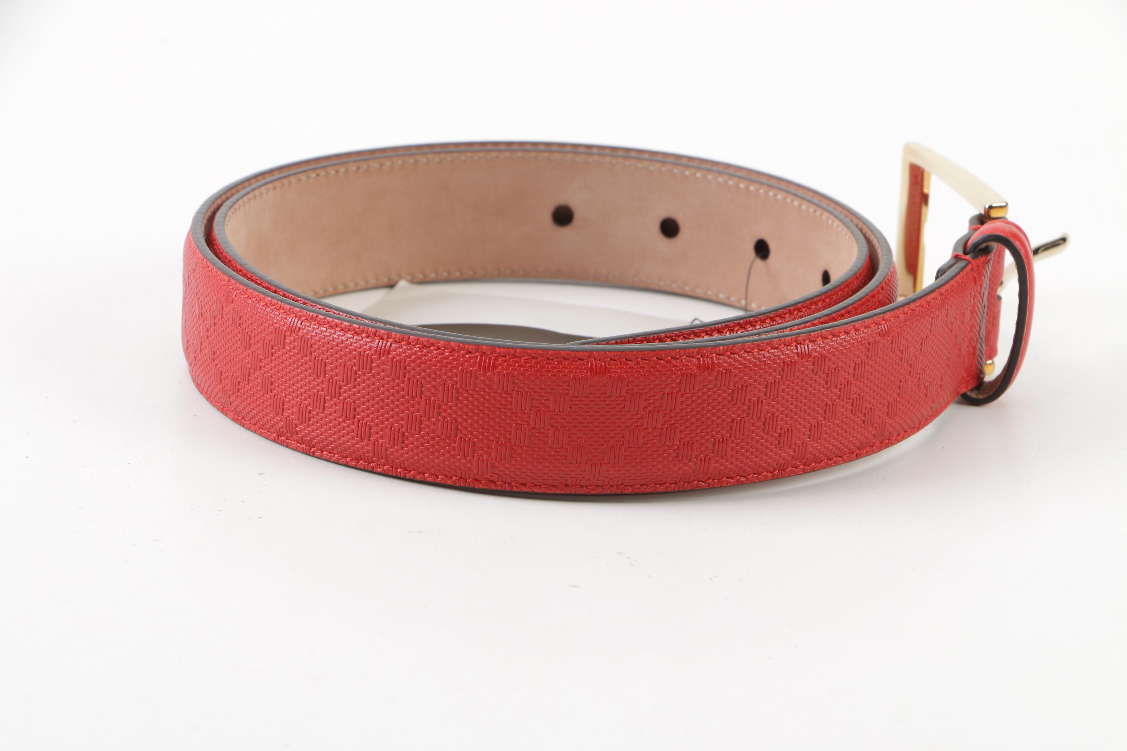 Gucci Hilary Lux Diamante Motif Red Leather Belt, Made in Italy