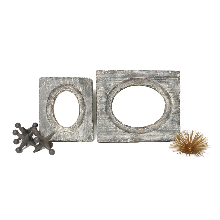 Distressed Table Top Picture Frames with Metal Jacks and Sunburst Figurine
