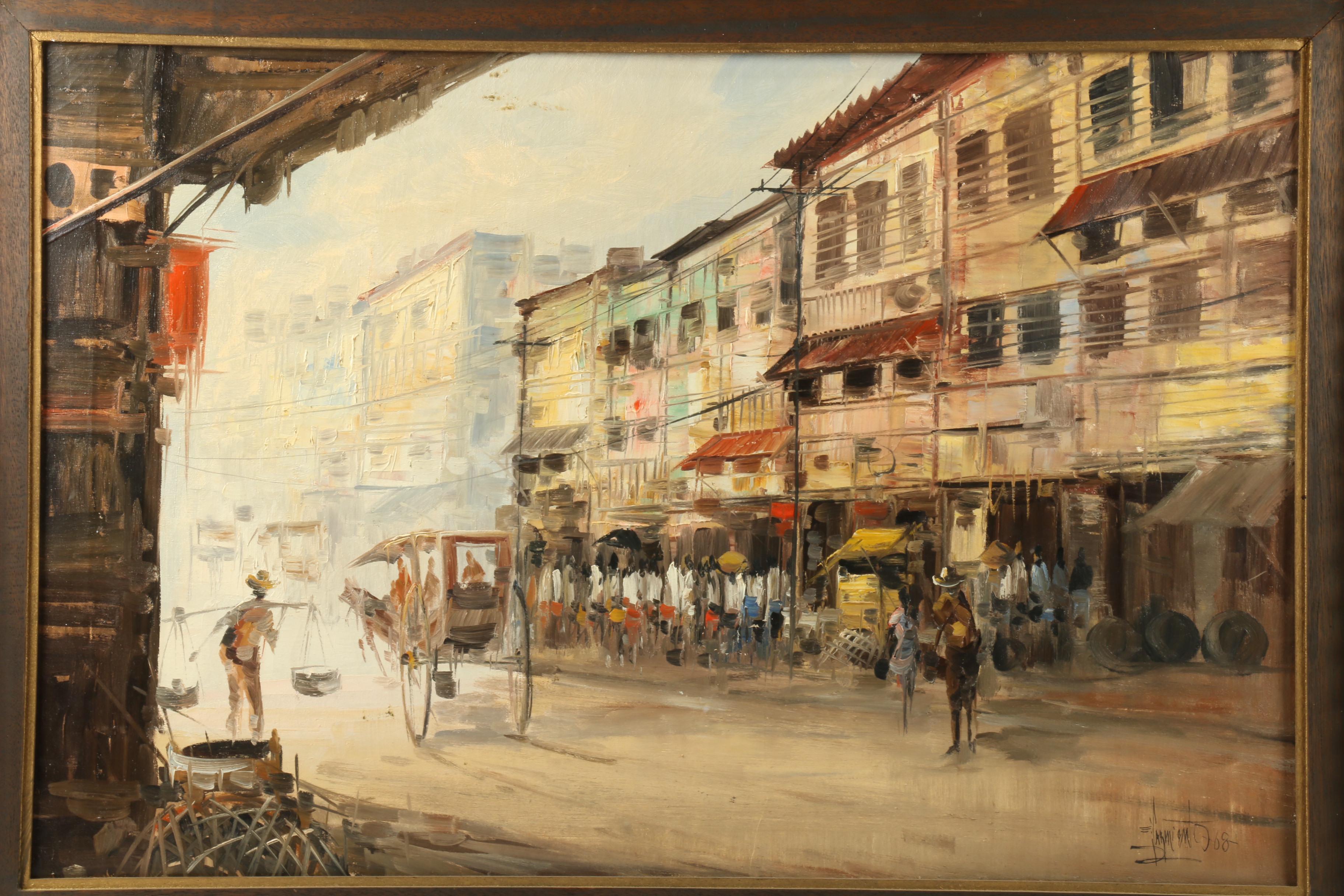 Mid Century Oil Painting of South American Street Scene