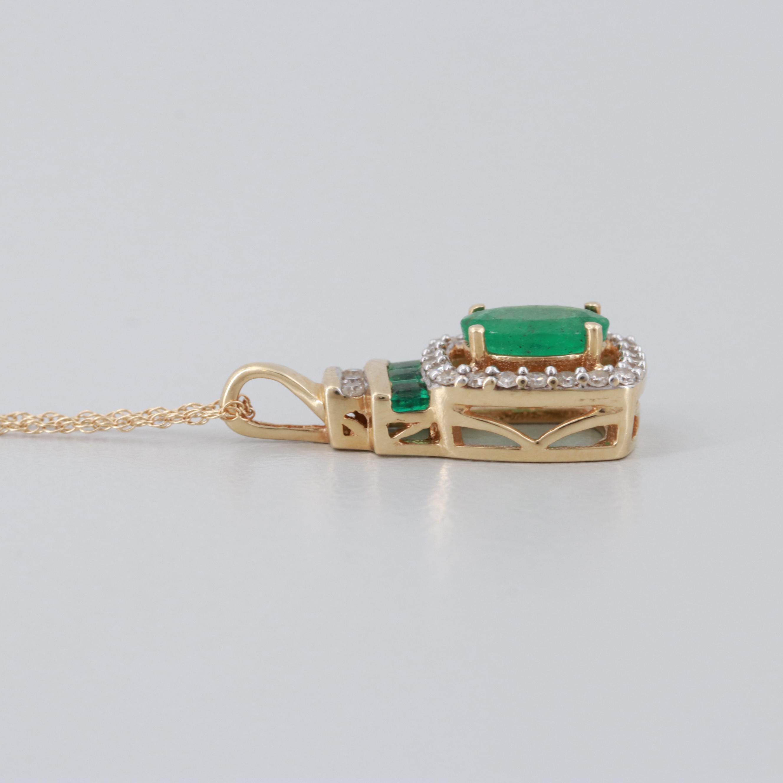 14K Yellow Gold Emerald and Diamond Necklace Pendant and Earrings