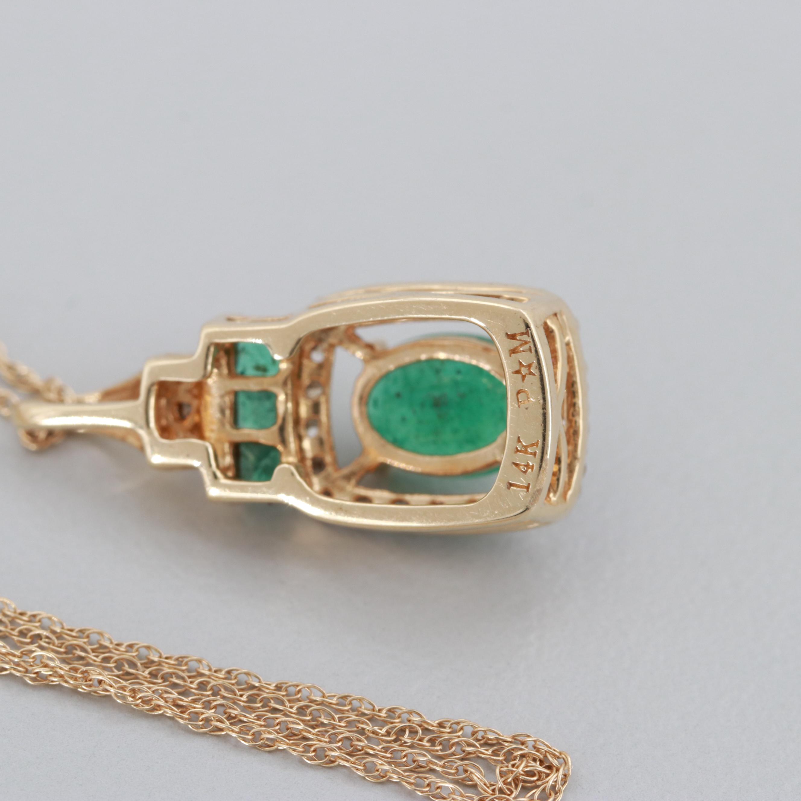 14K Yellow Gold Emerald and Diamond Necklace Pendant and Earrings