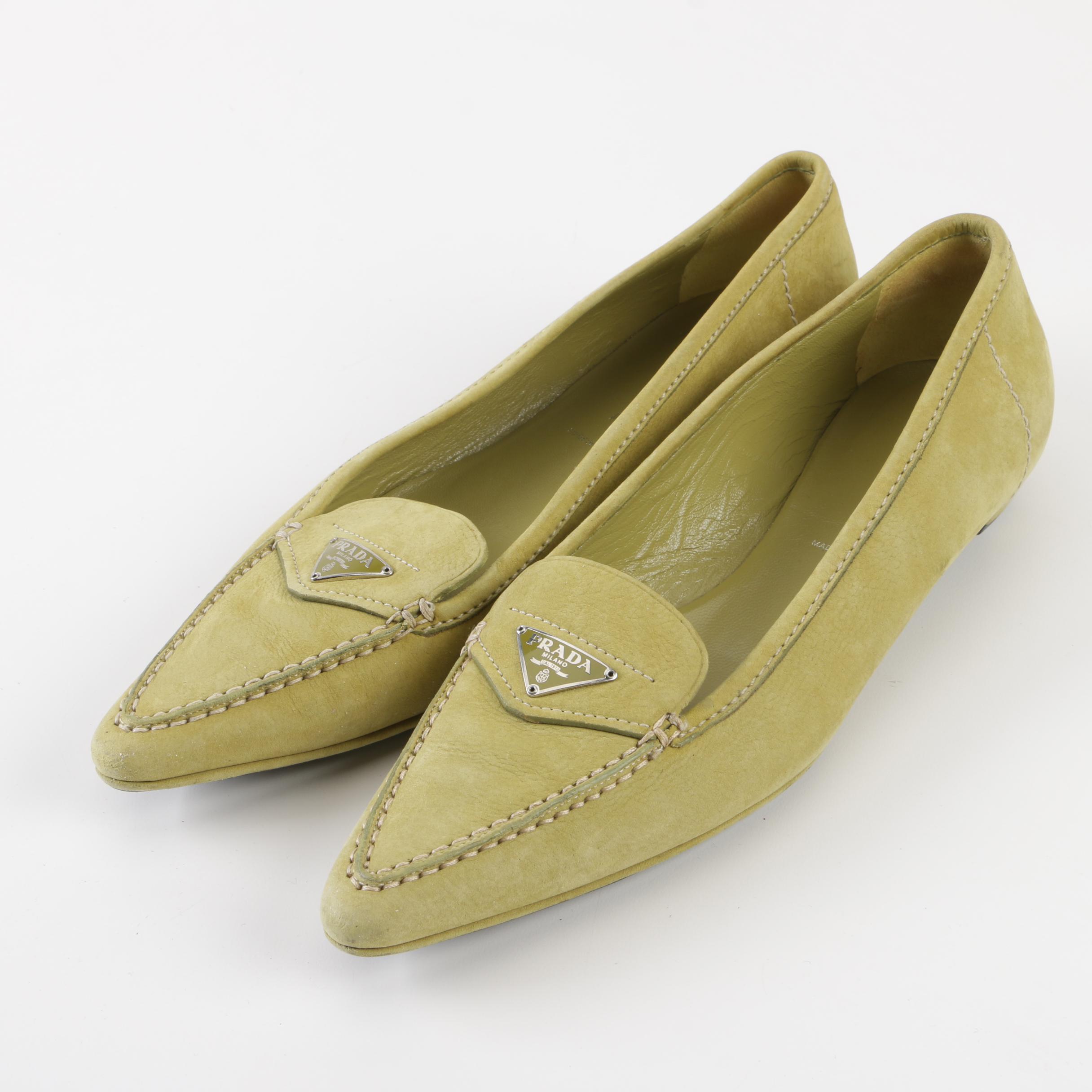Prada Avocado Suede Pointed Toe Loafers, Made in Italy