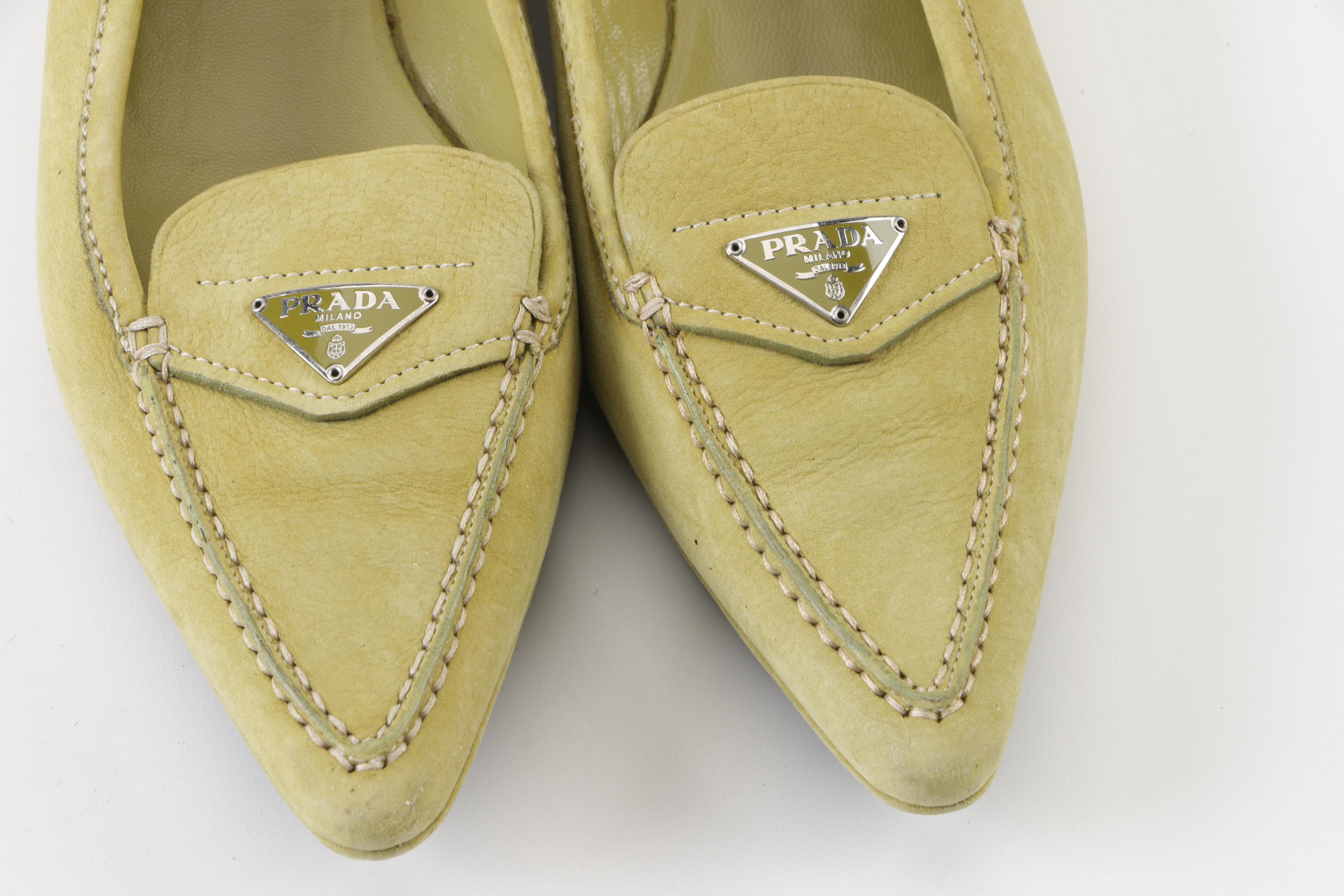 Prada Avocado Suede Pointed Toe Loafers, Made in Italy