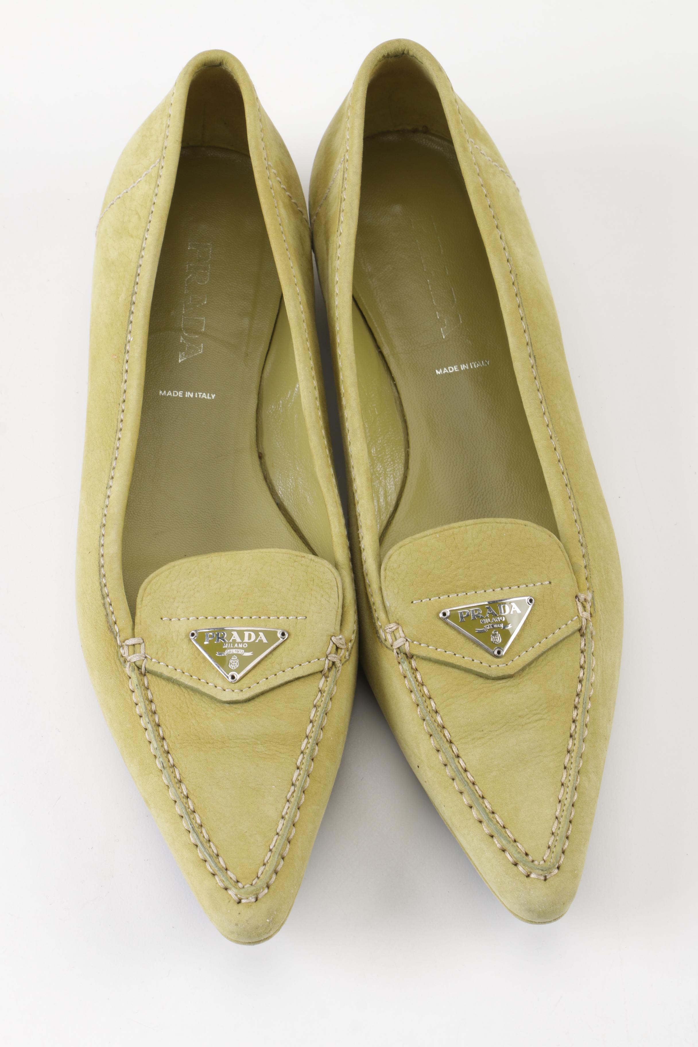 Prada Avocado Suede Pointed Toe Loafers, Made in Italy