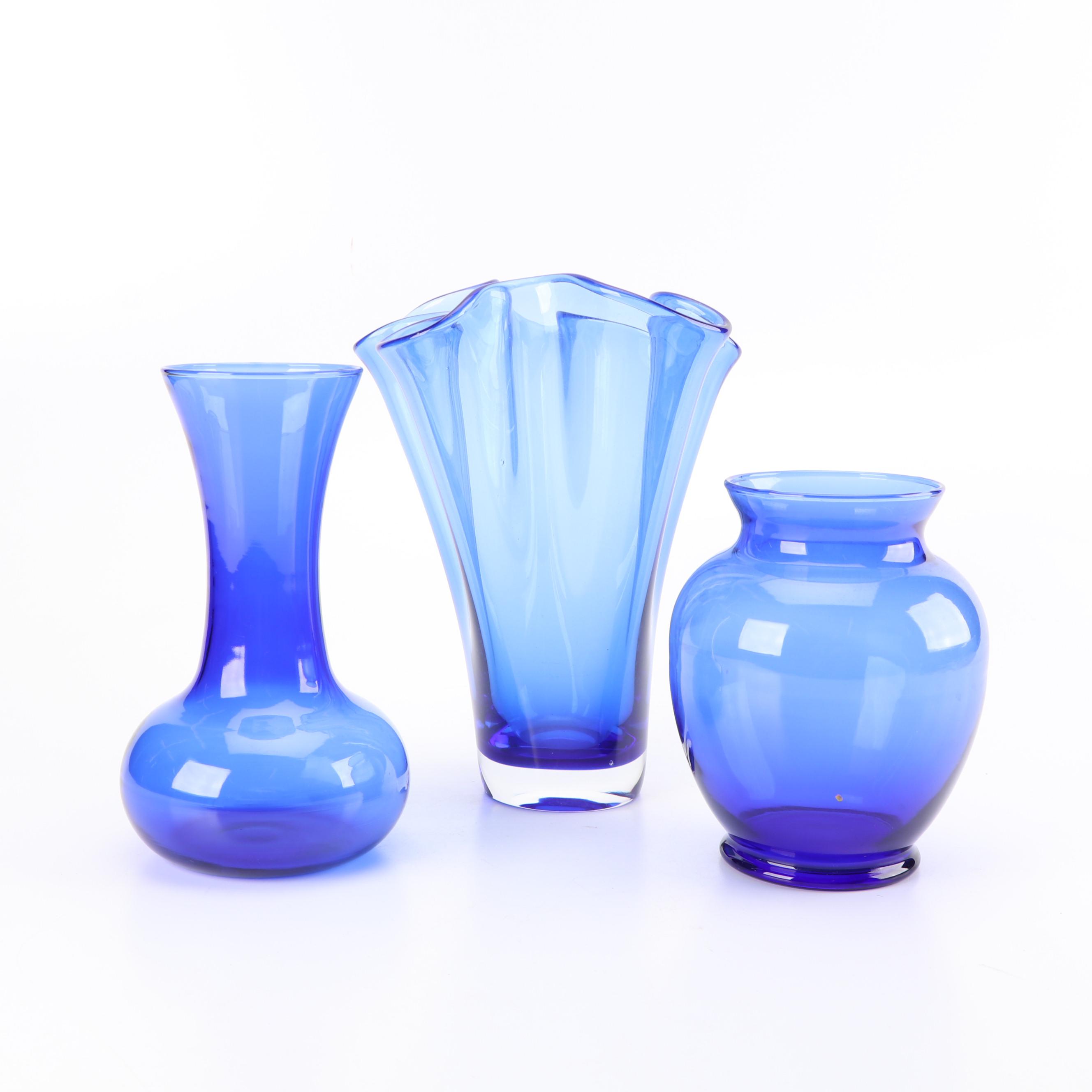 Cobalt Glass Flower Vases Including "Handkerchief" Vase