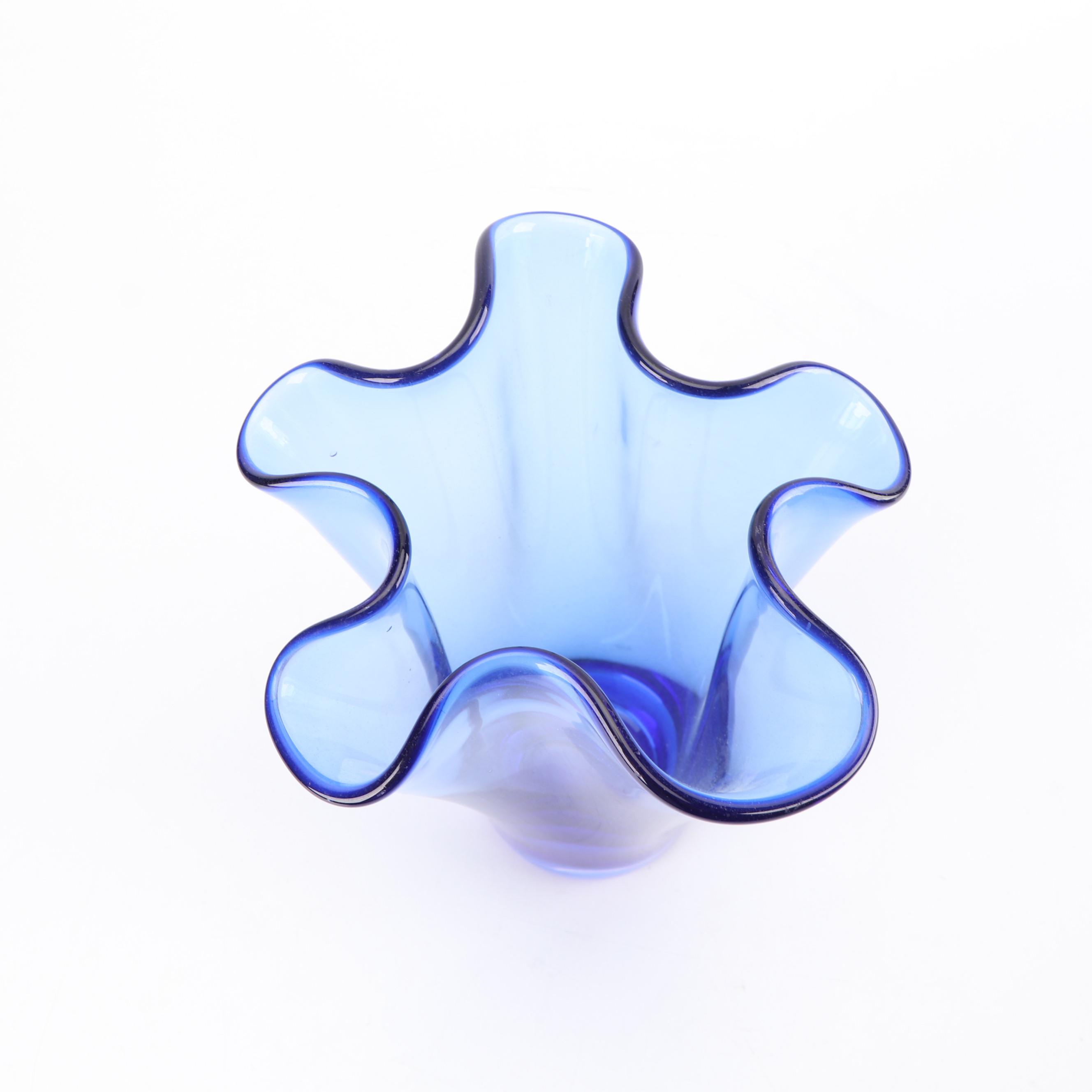 Cobalt Glass Flower Vases Including "Handkerchief" Vase