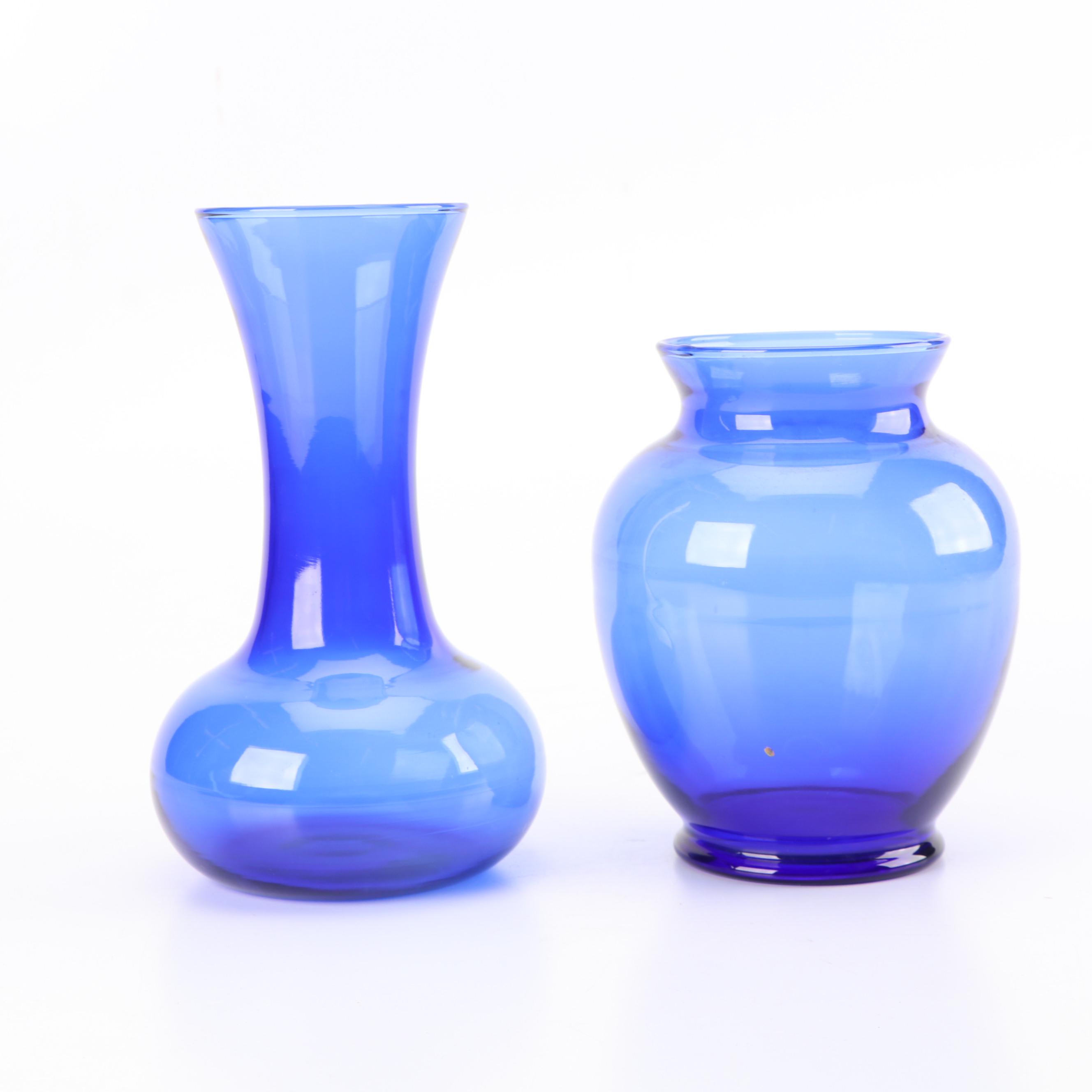 Cobalt Glass Flower Vases Including "Handkerchief" Vase