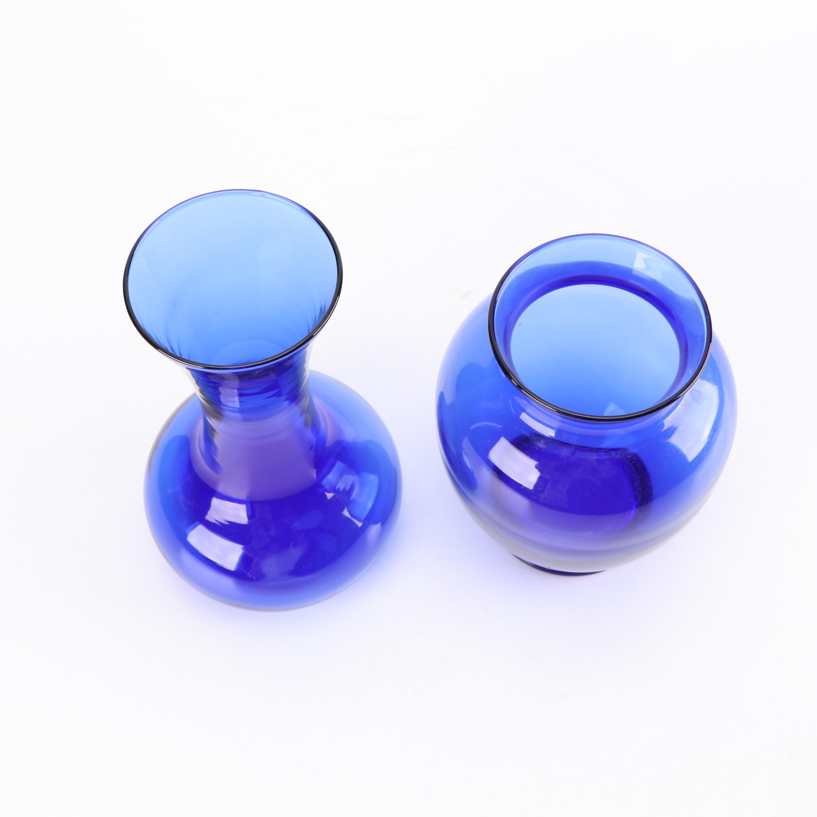 Cobalt Glass Flower Vases Including "Handkerchief" Vase