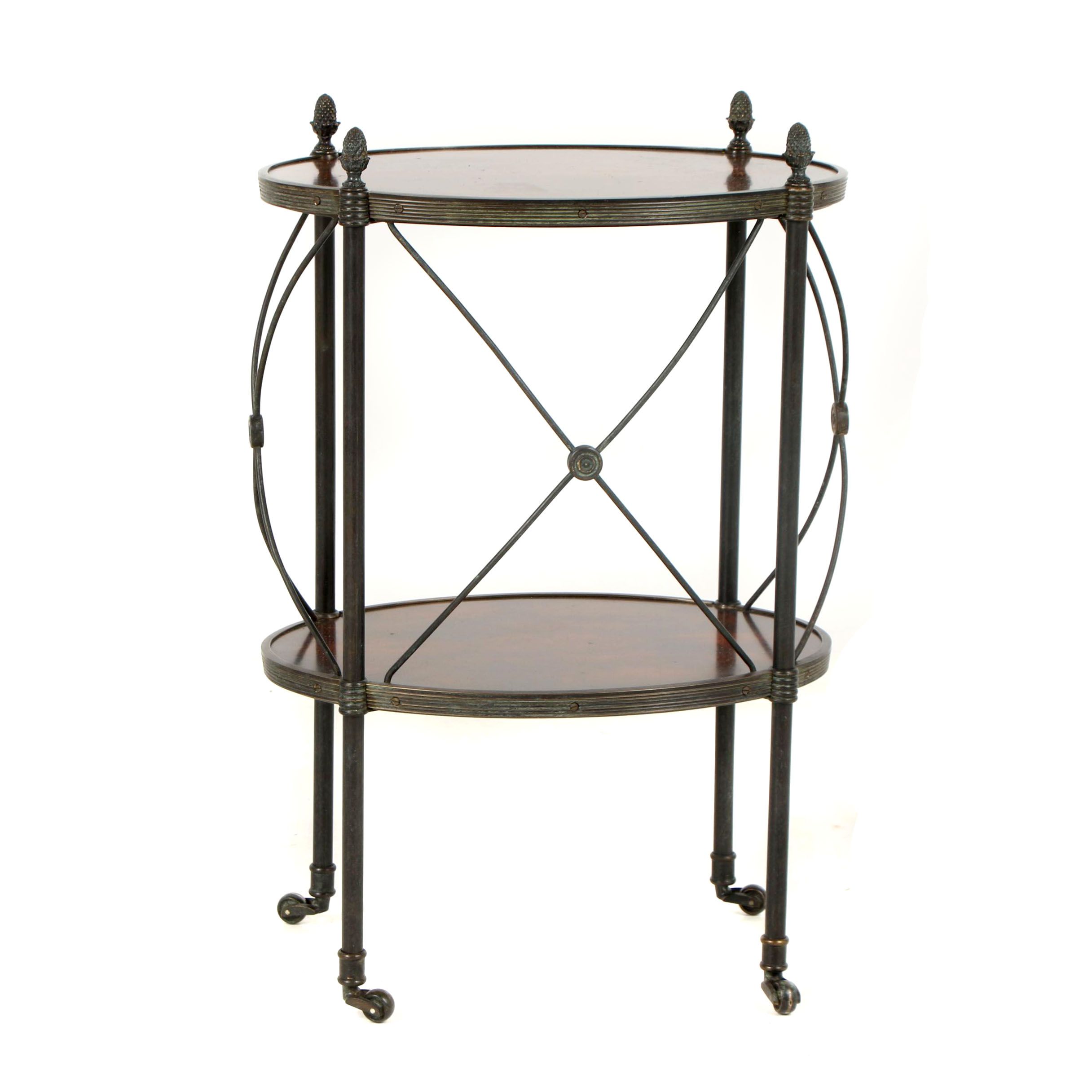Italian Stained Oak and Metal Two-Tier Side Table on Casters, Late 20th Century