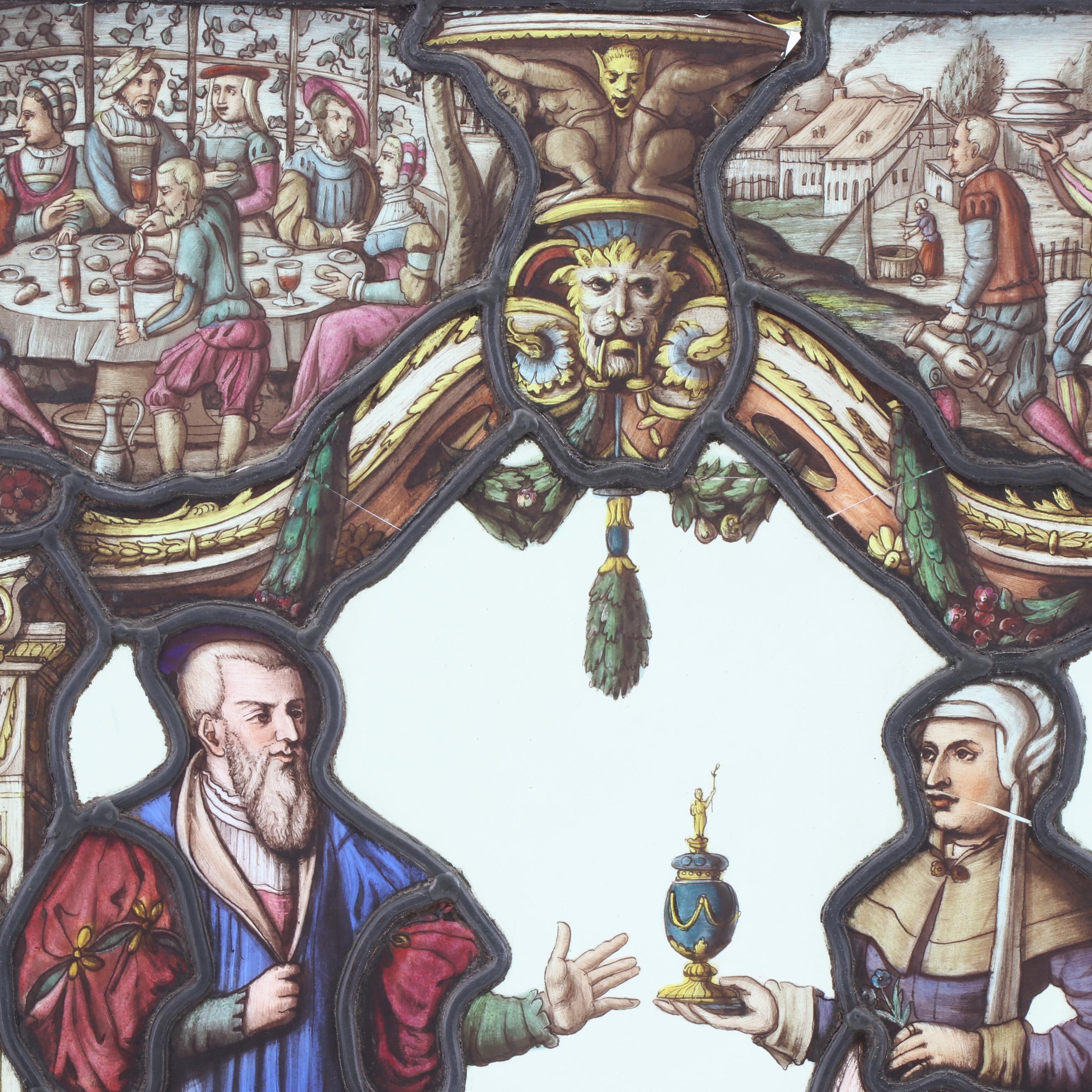 German "Unknown Masters of the 16th Century" Reverse Painted Glass Window, 1886