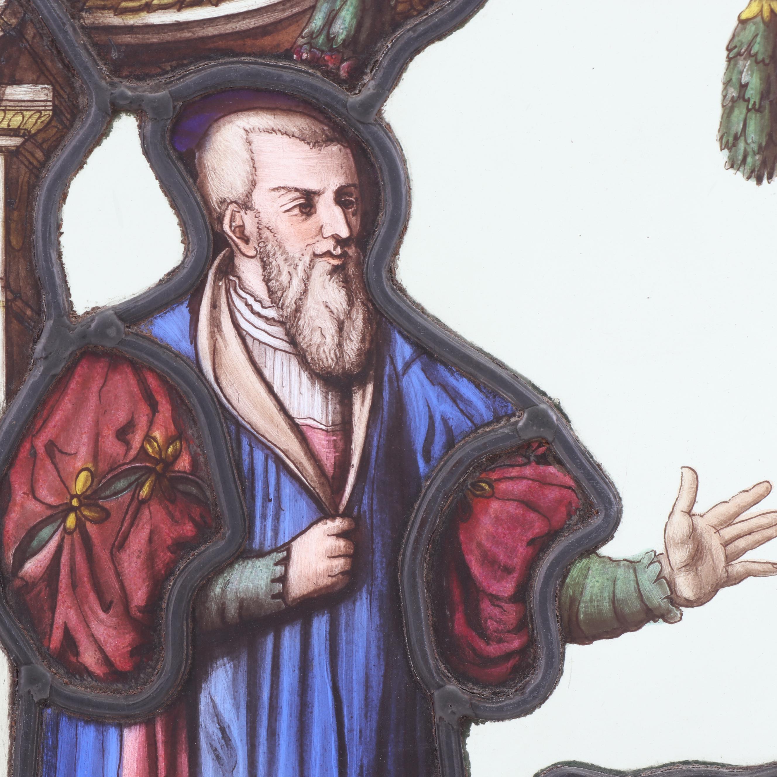 German "Unknown Masters of the 16th Century" Reverse Painted Glass Window, 1886