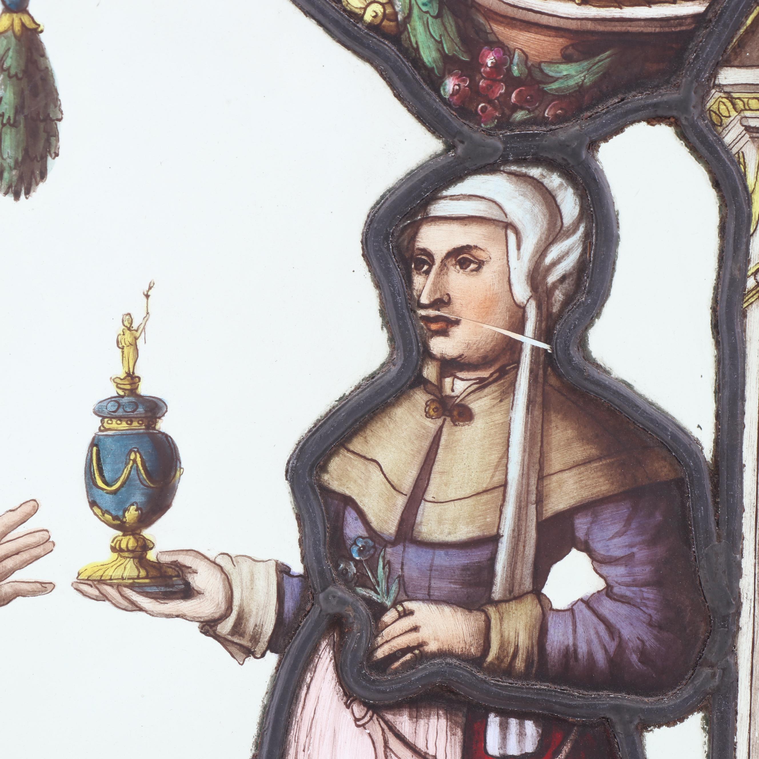 German "Unknown Masters of the 16th Century" Reverse Painted Glass Window, 1886