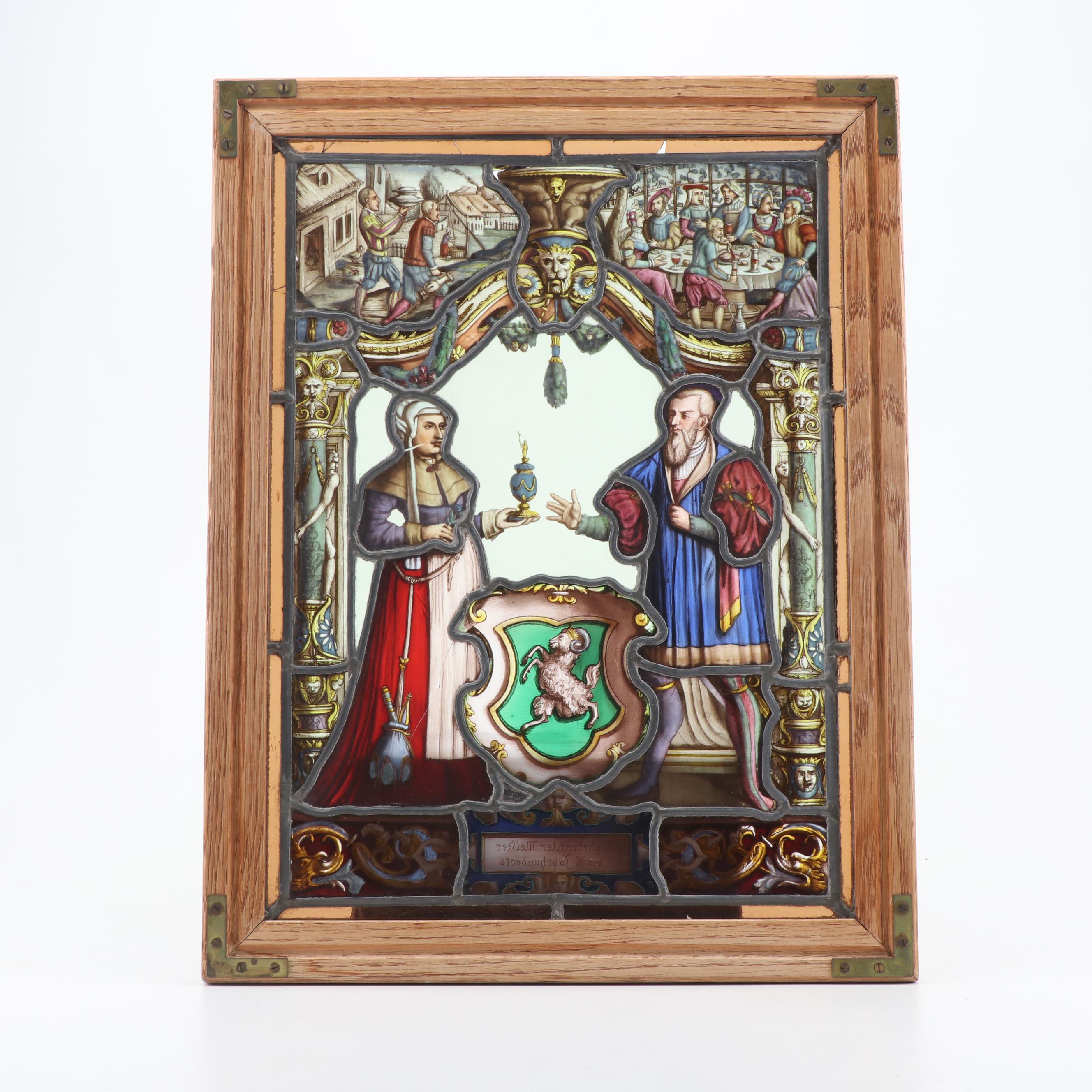 German "Unknown Masters of the 16th Century" Reverse Painted Glass Window, 1886