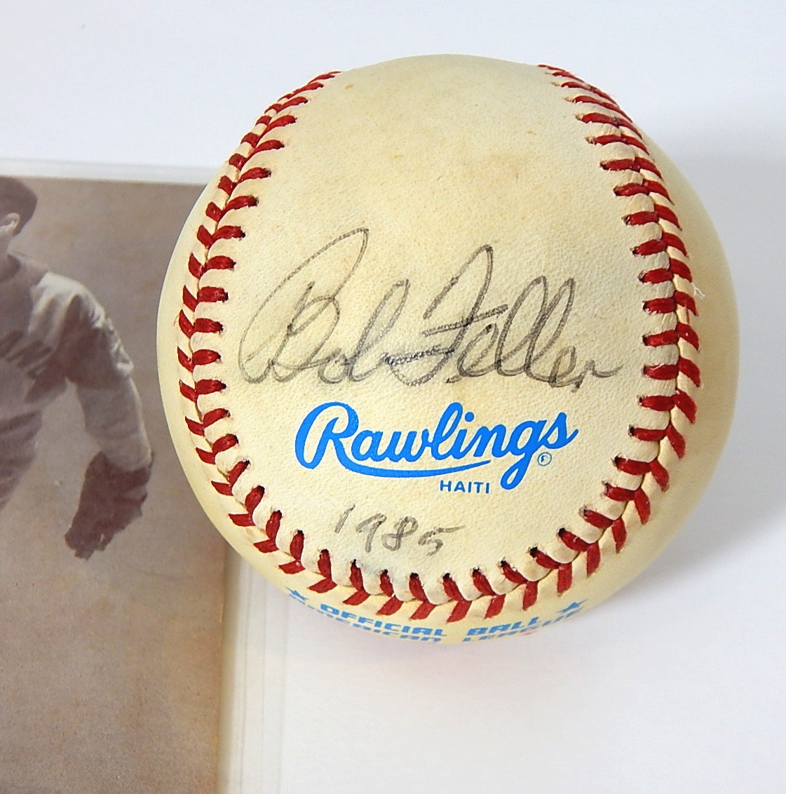 (HOF) Bob Feller Signed Bobby Brown Baseball and 1950s Era Exhibition Card
