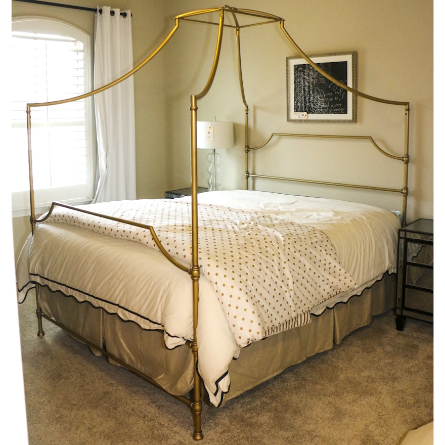 Hollywood Regency Style Gold Metal Queen Size Canopy Bed Frame, 21st Century