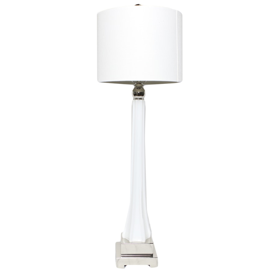 White Ceramic and Silver Metal Candlestick Style Table Lamp with Drum Shade