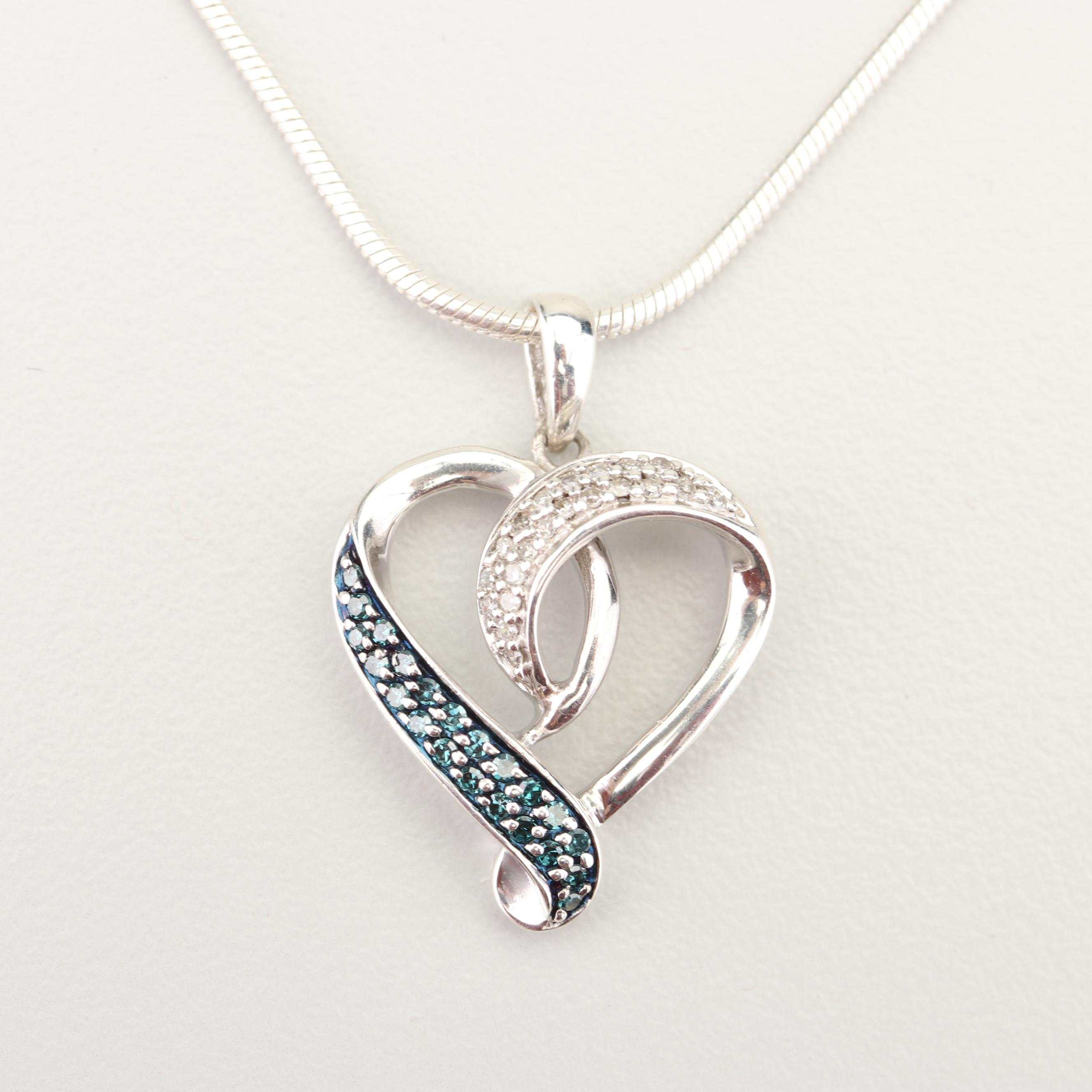 Sterling Silver Blue Diamond and Diamond Heart Pendant Necklace
