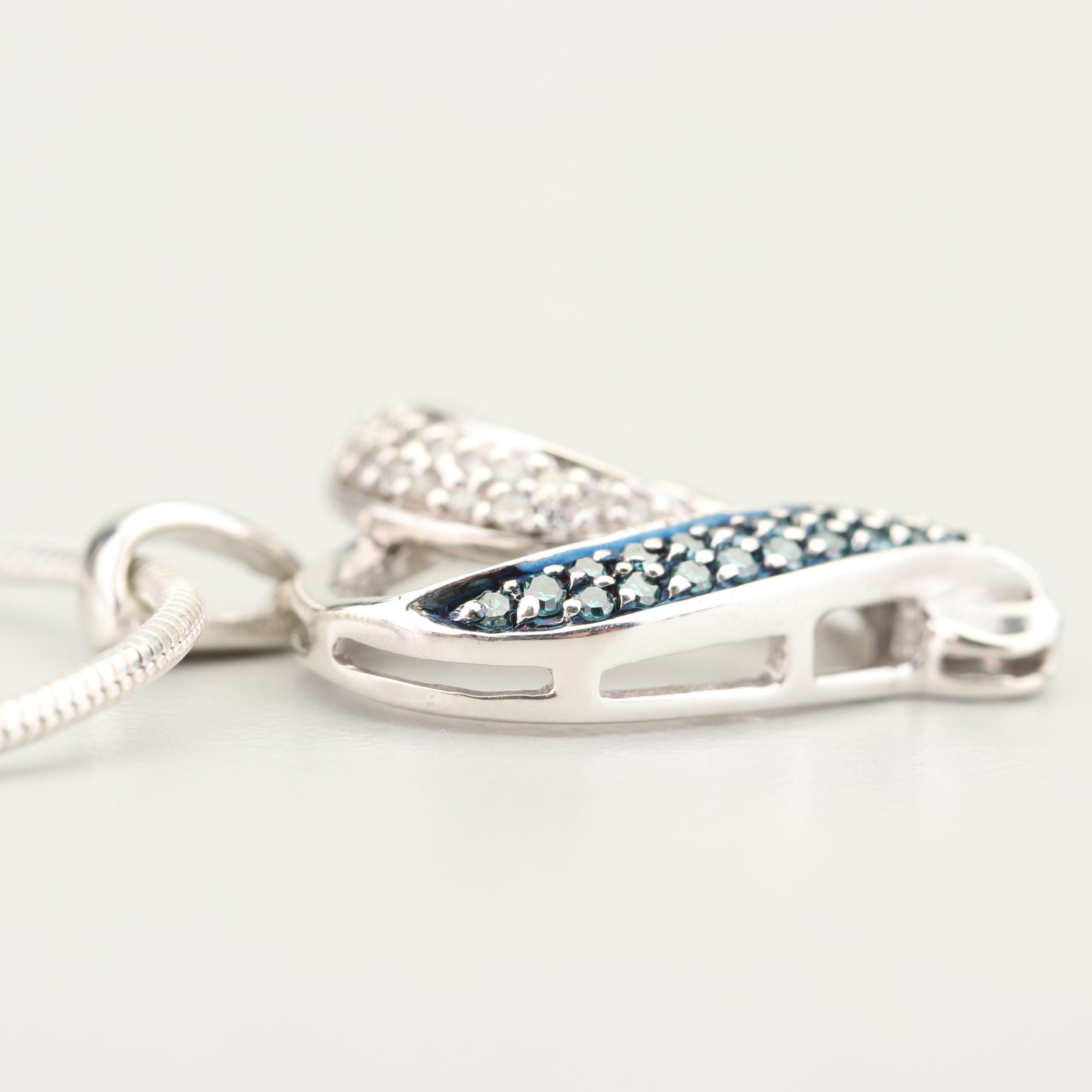 Sterling Silver Blue Diamond and Diamond Heart Pendant Necklace