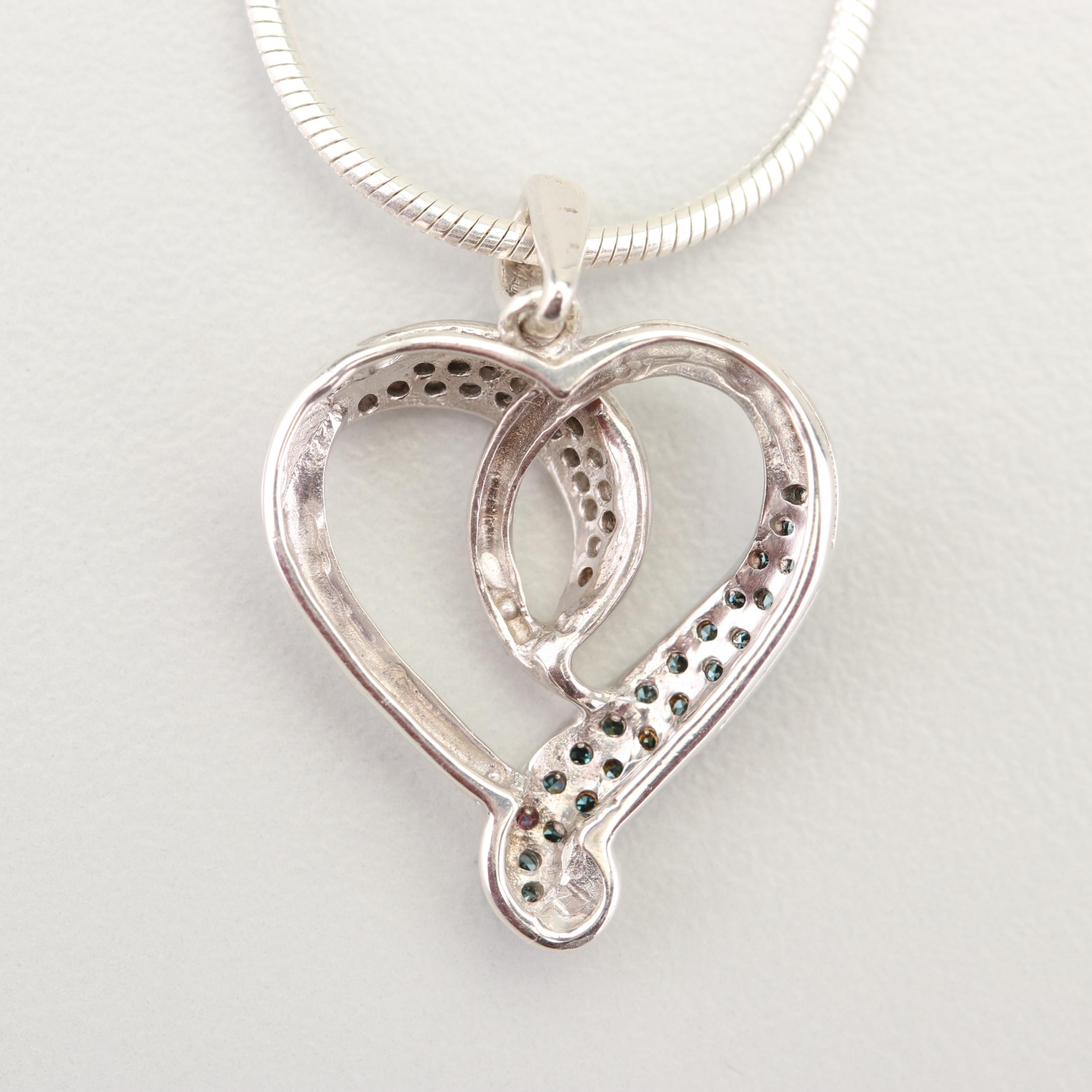 Sterling Silver Blue Diamond and Diamond Heart Pendant Necklace