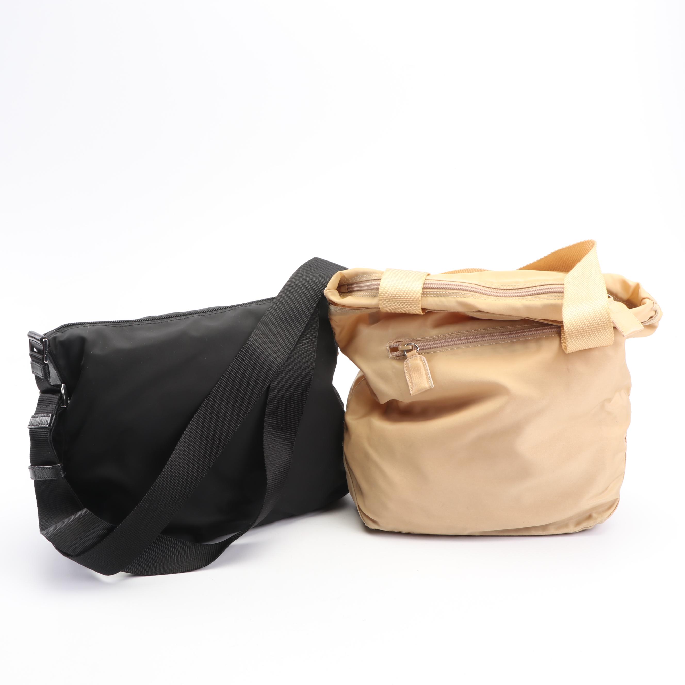 Prada Vela Nylon Black and Beige Handbags, Made in Italy