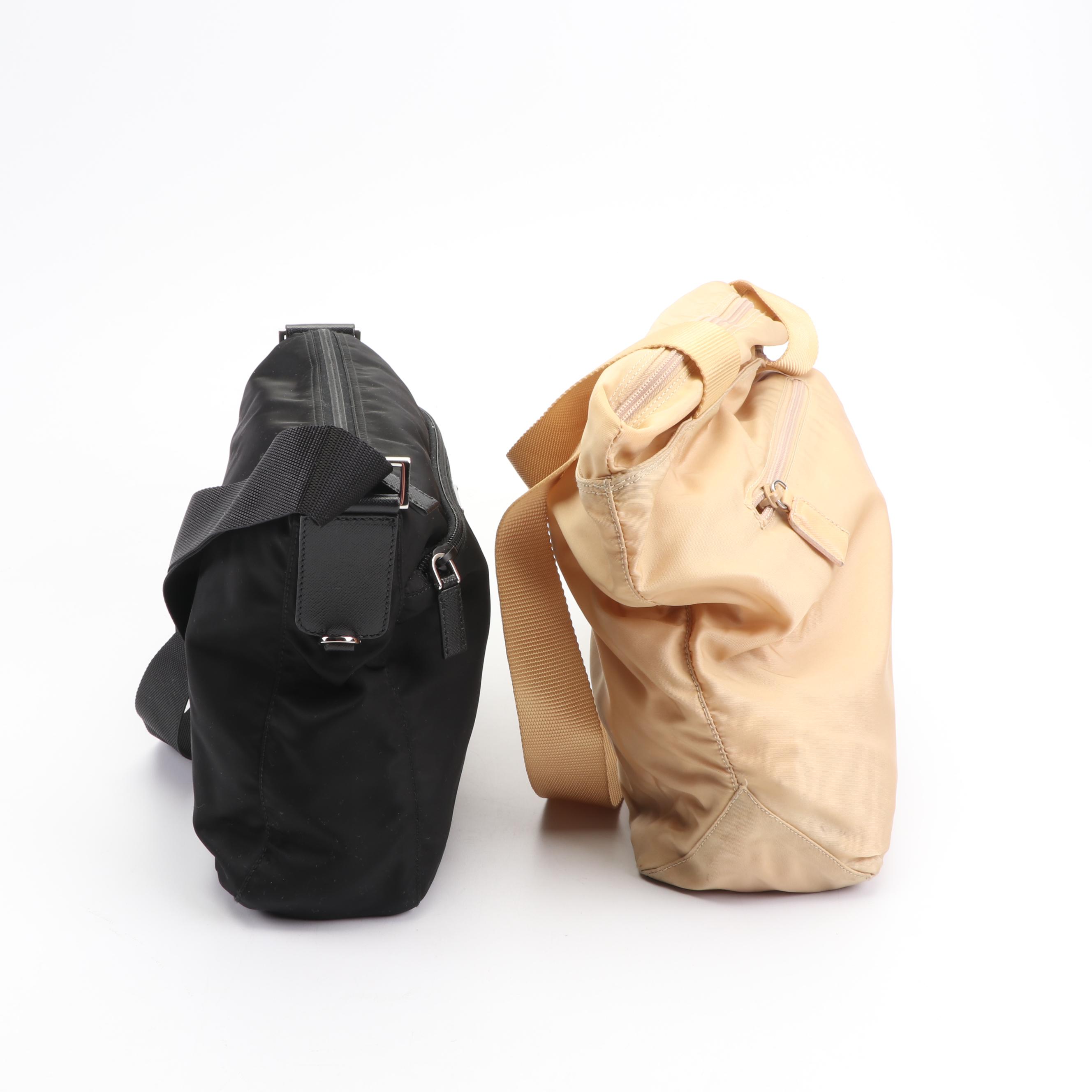 Prada Vela Nylon Black and Beige Handbags, Made in Italy