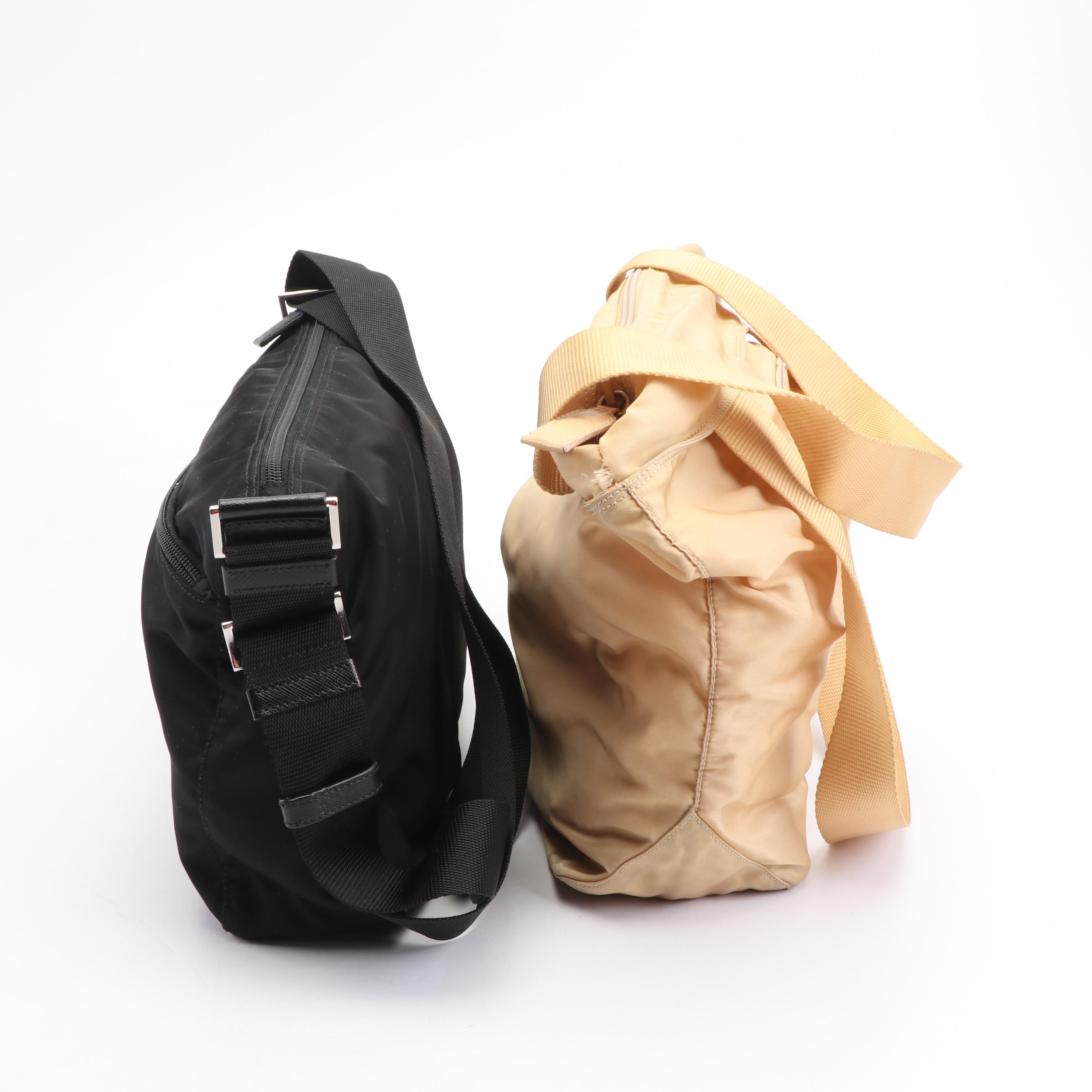 Prada Vela Nylon Black and Beige Handbags, Made in Italy