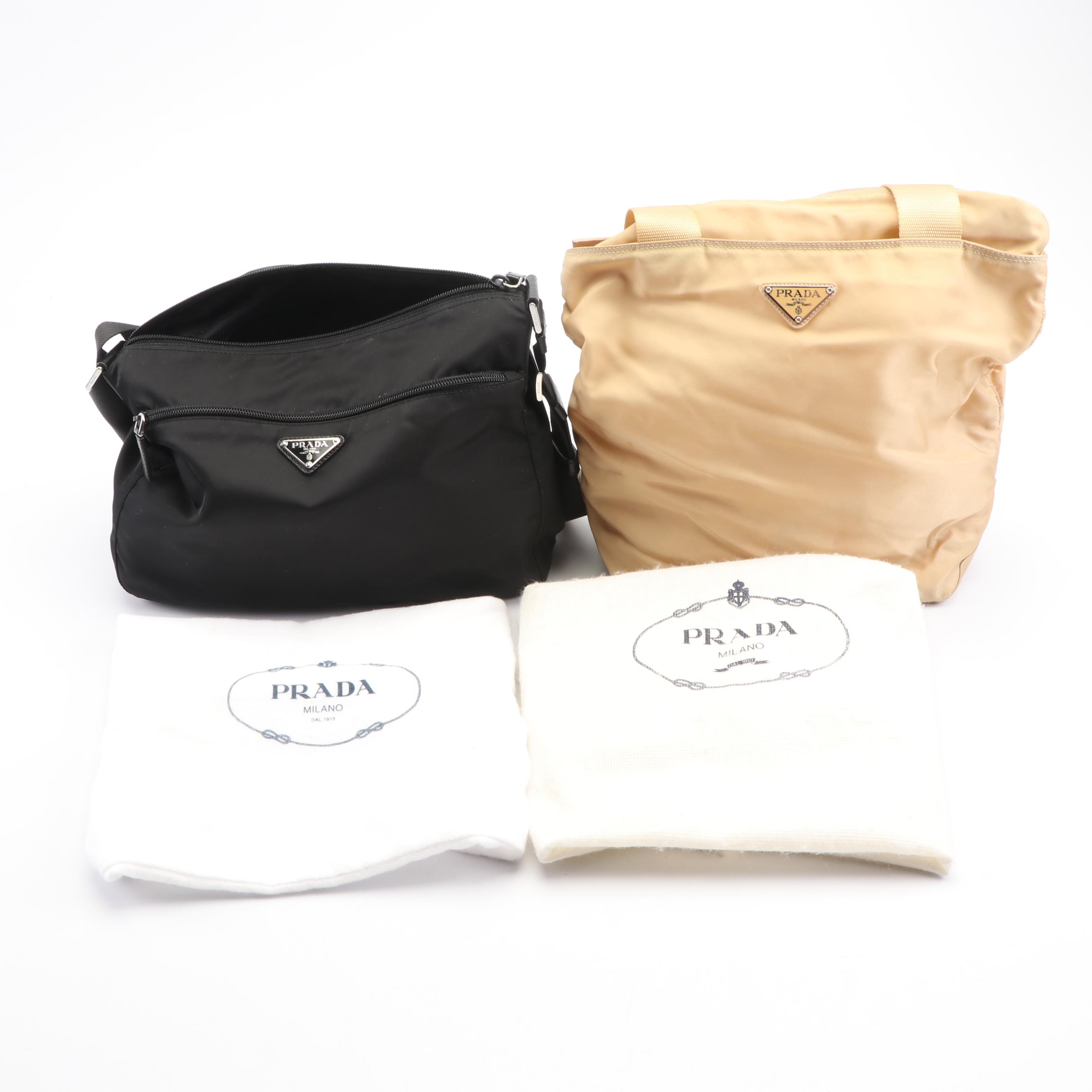 Prada Vela Nylon Black and Beige Handbags, Made in Italy