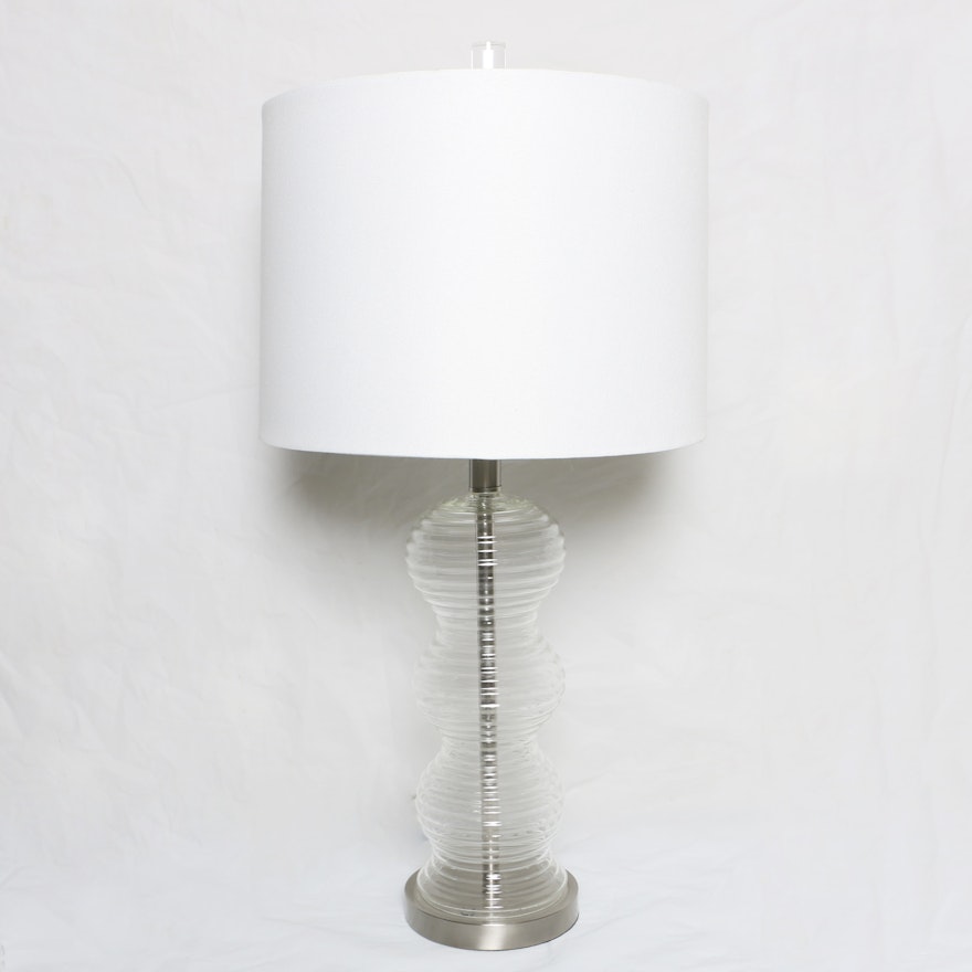 Ribbed Undulating Glass Table Lamp with Drum Shade