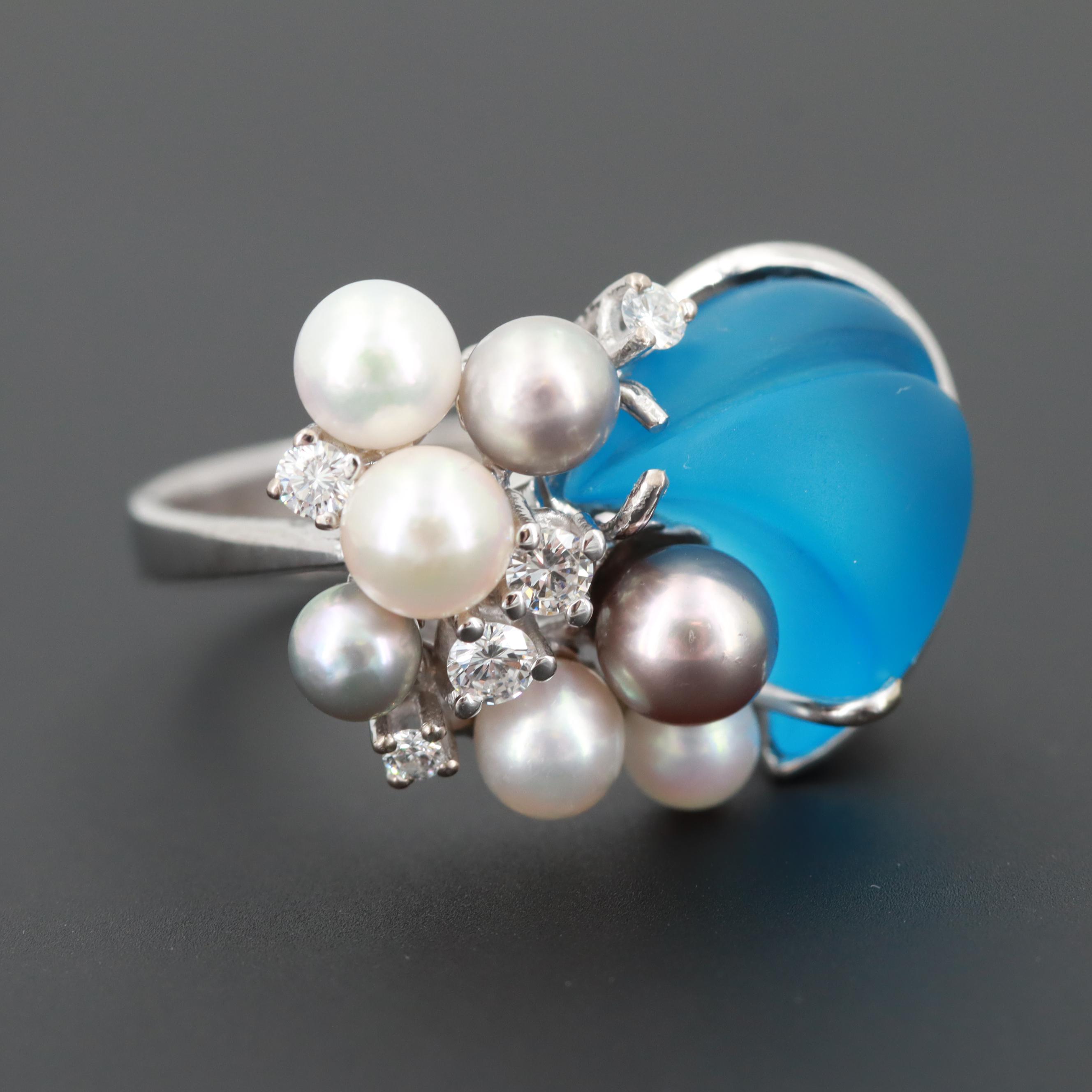 18K White Gold Blue Topaz, Diamond and Cultured Pearl Ring