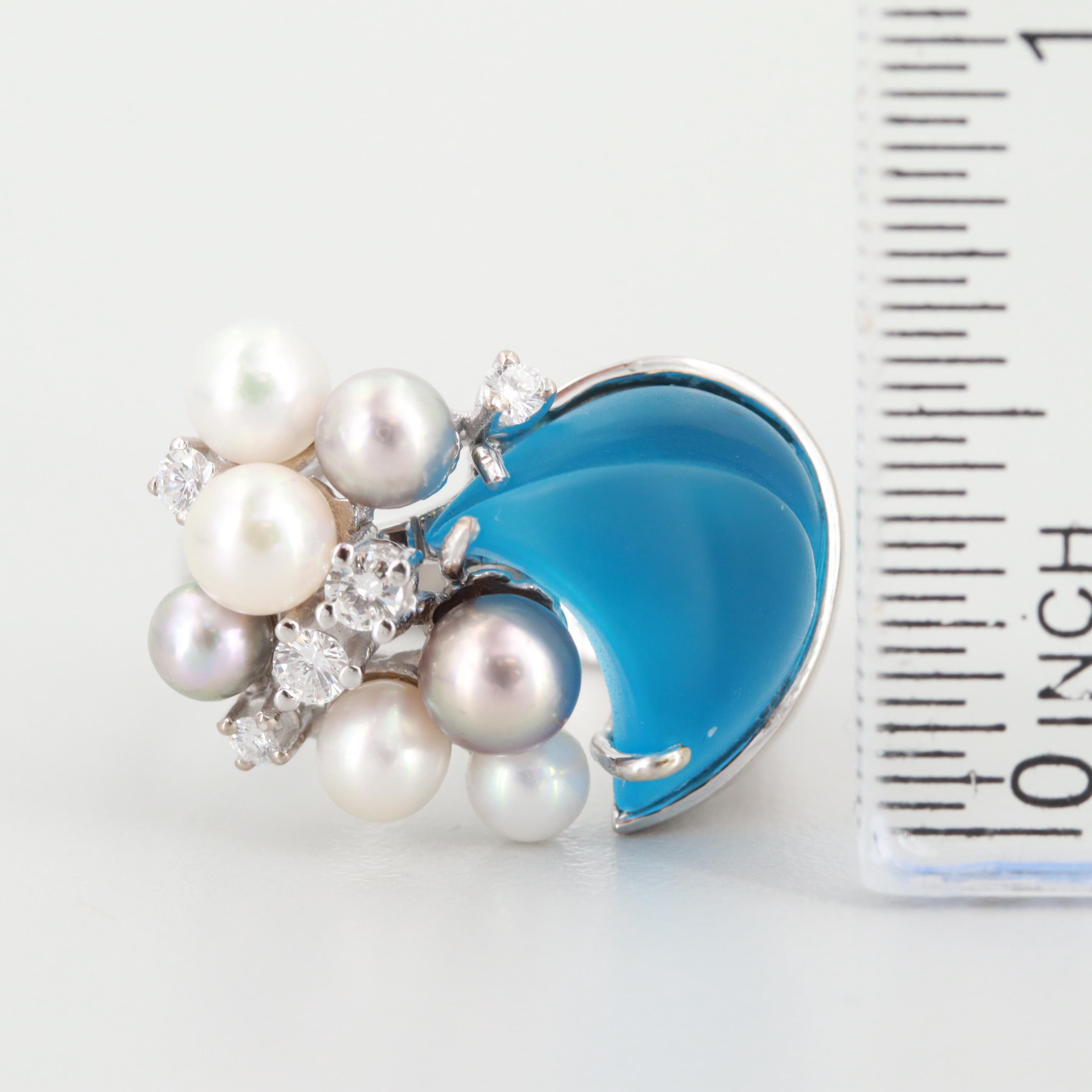 18K White Gold Blue Topaz, Diamond and Cultured Pearl Ring
